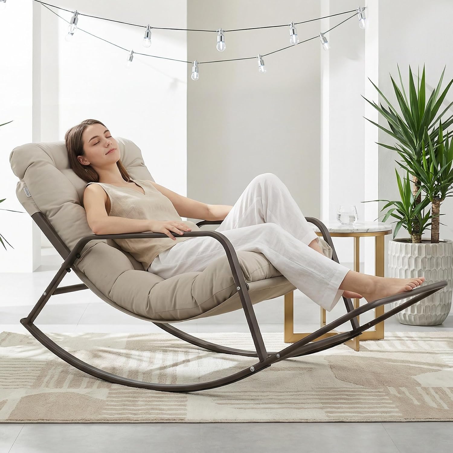 NICESOUL Papasan Rocking Chair with Footrest, Outdoor Rocking Chair with Cushion, Oversized Patio Rocker, Recliner-Style Comfort, Heavy Duty Steel Frame, Indoor Balcony Backyard, Beige