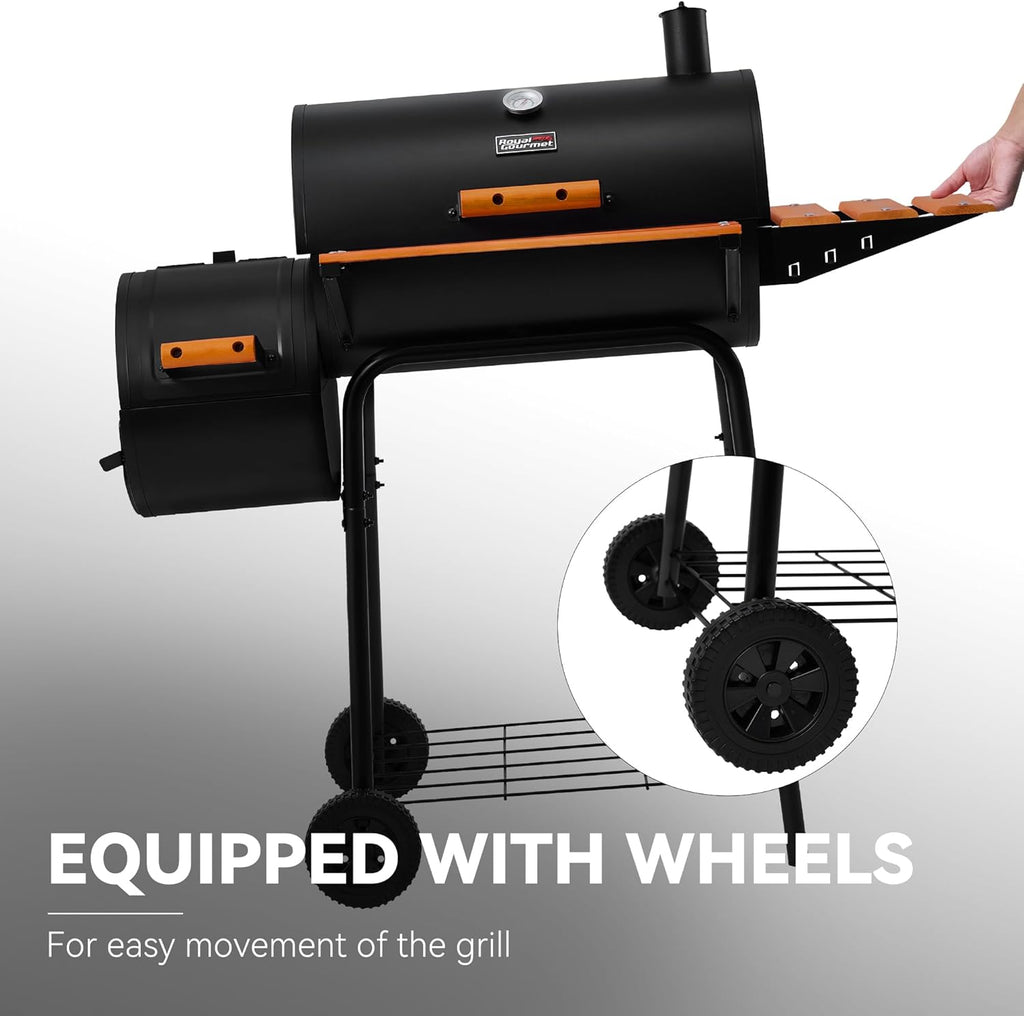 Royal Gourmet CC1624W Barrel Charcoal Grill with Offset Smoker, 552 Sq. In. Cooking Area, Wooden Front and Side Shelf with Hooks, Mesh Bottom Shelf, Charcoal Grill for Outdoor Grilling, Black