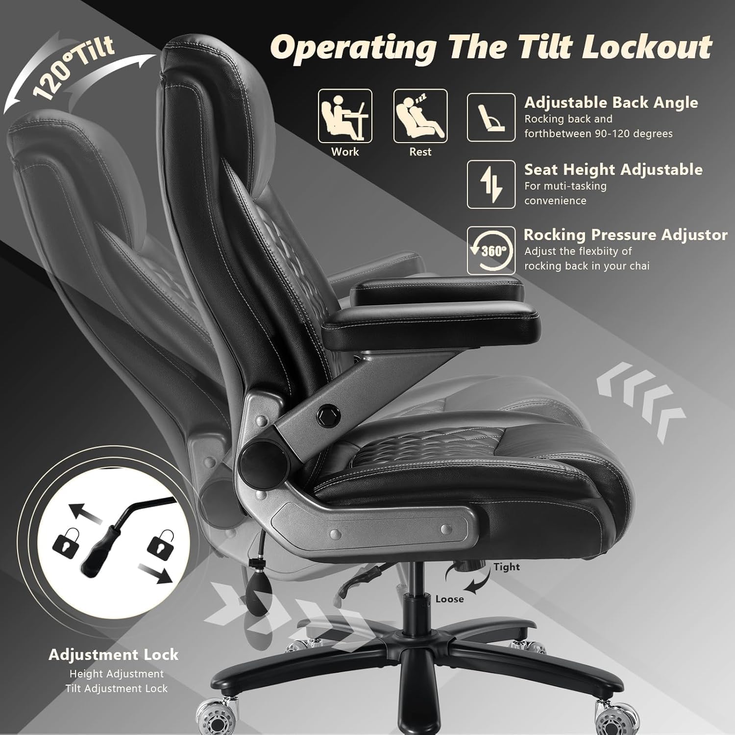 700LBS Large Heavy Duty Office Chair with 5D Flip Arms, Comfy Big and Tall Executive Office Desk Chair with Pocket Spring Cushion, High Back Computer Chair with Lumbar Support,Dual Rubber Wheel
