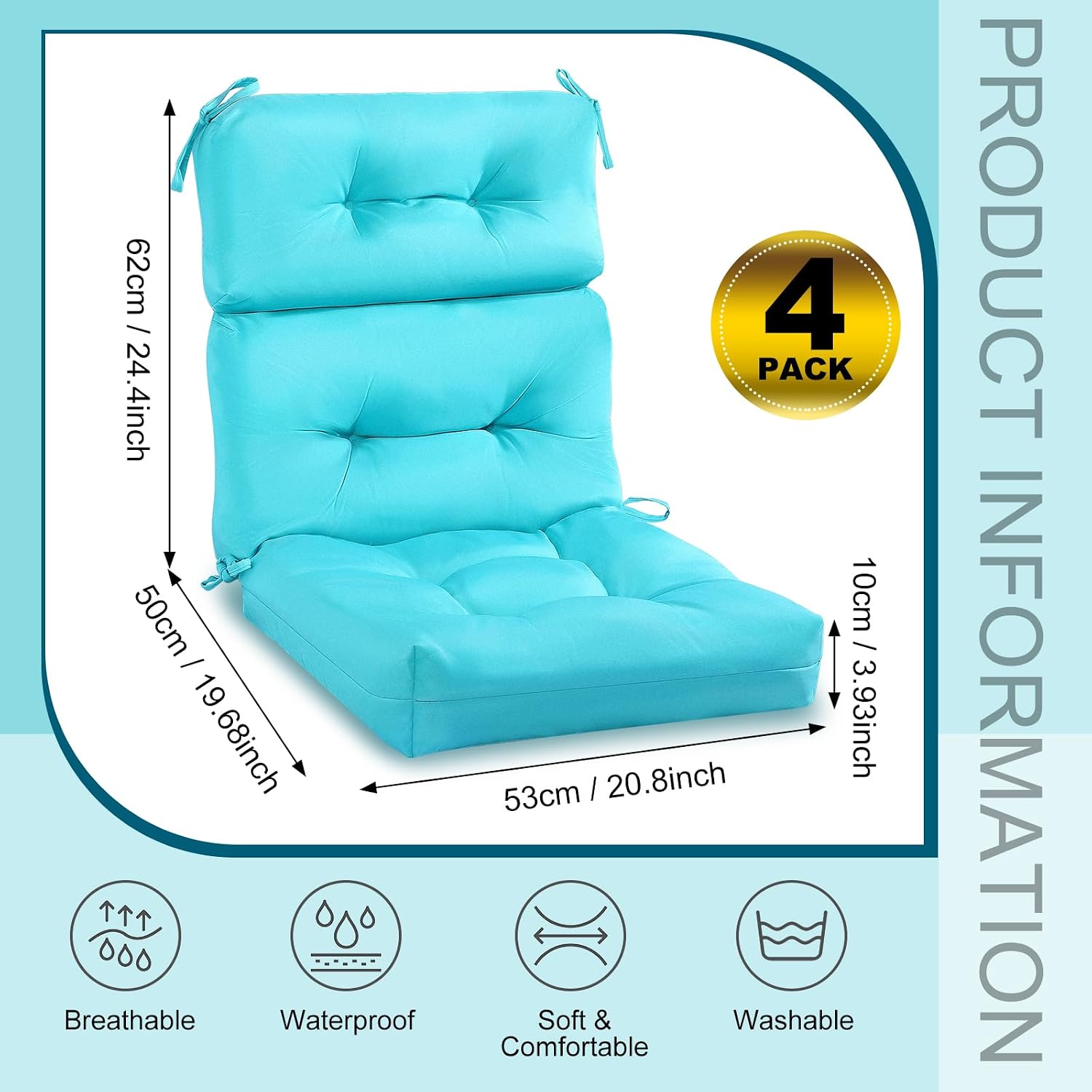 Geelin 4 Pcs High Back Patio Chair Cushion Indoor Outdoor Seat Chair Cushions Back Tufted Patio Rocking Pads Weather Replacement for Furniture (Blue)