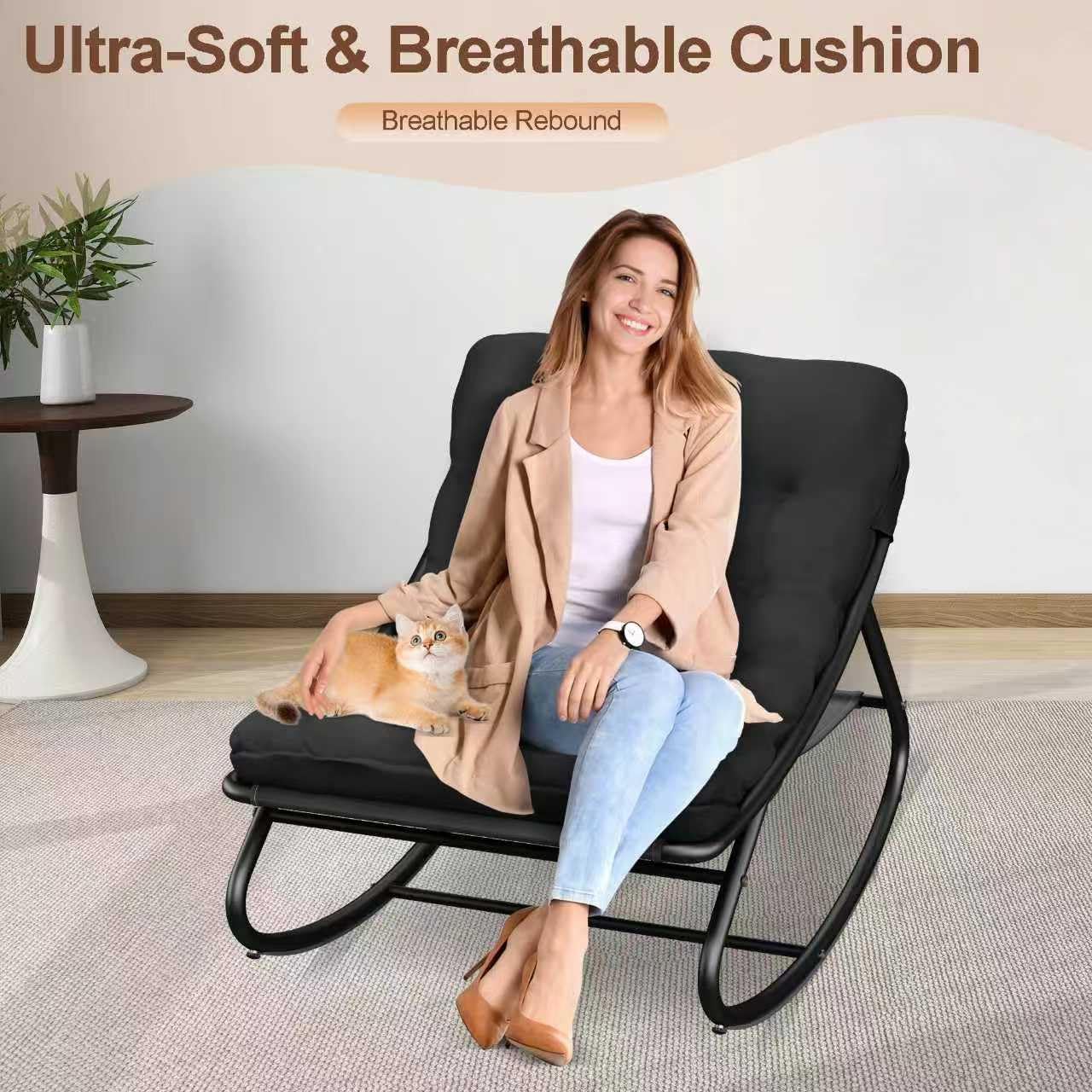 Indoor Rocking Chairs, Comfy Patio Chair, Rocking Chair with Ottoman and Sturdy Metal Frame, Balcony Chairs with Thickened Cushion, Silla Mecedora for Patio Porch Garden Living (Black)