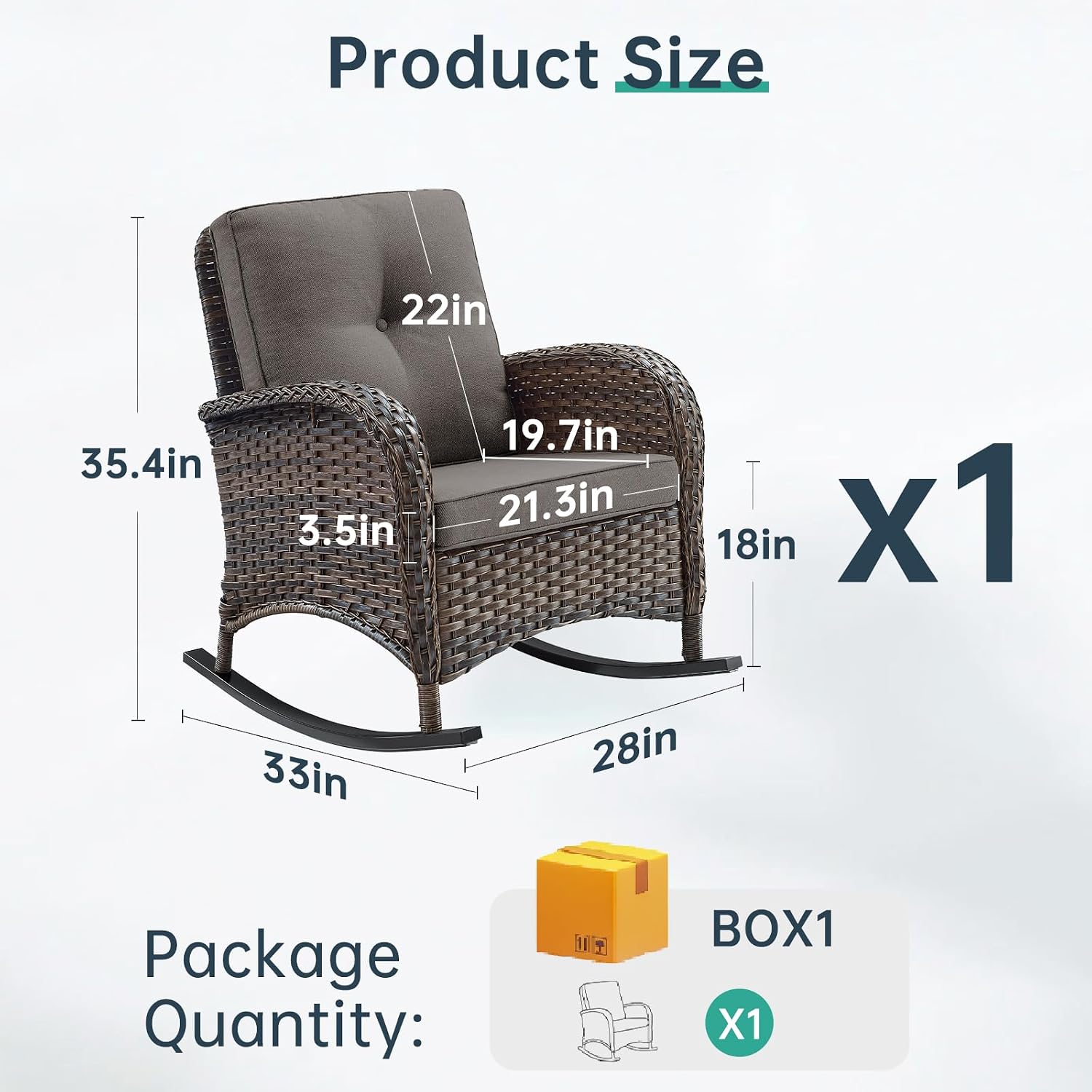 Patio Rocking Chair: Outdoor Wicker Rocker Porch Rocking Chair with Removable Cushion, 300 Lb Weight Capacity Rattan Rocking Seating for Balcony Garden Brown/Grey