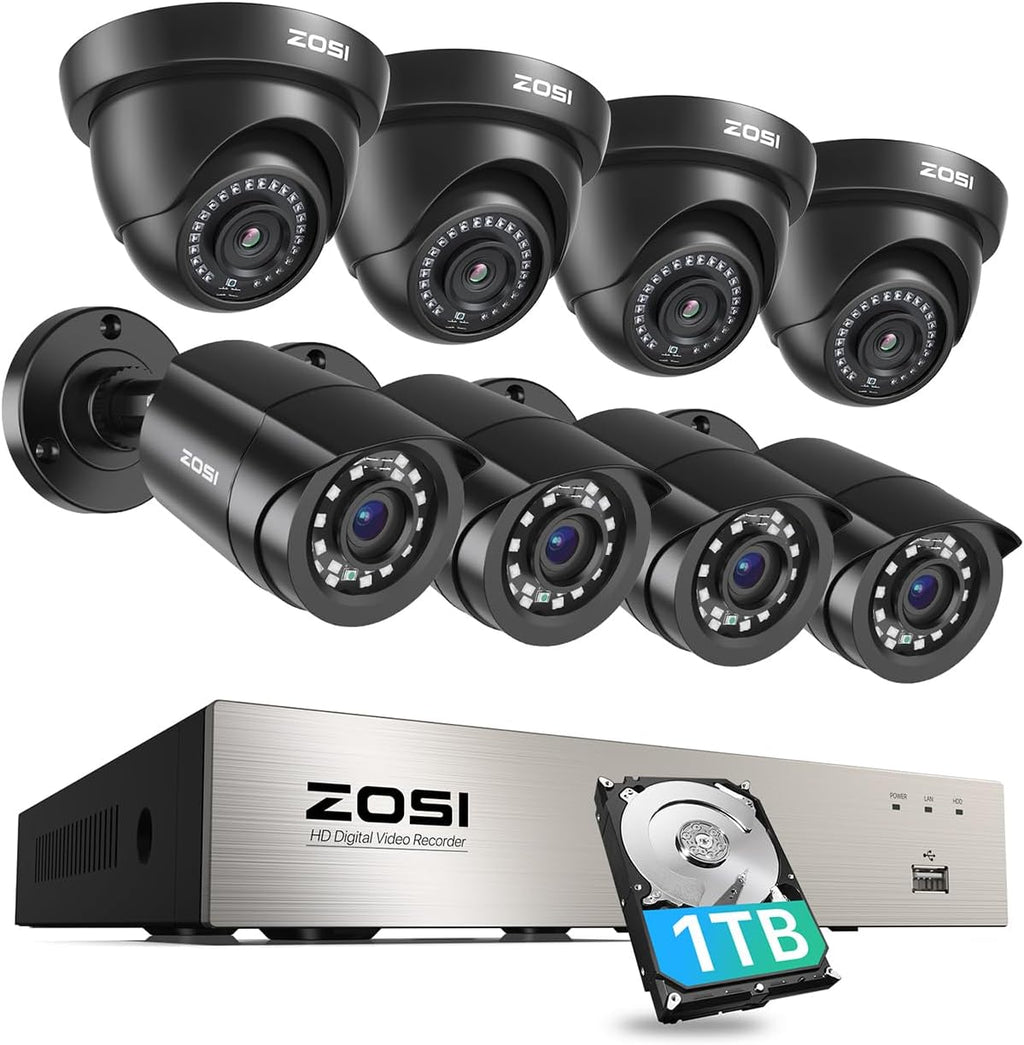 ZOSI 3K Lite Wired Security Camera System Outdoor,8pcs 1920TVL 1080P Surveillance Cameras,80ft Night Vision,8 Channel H.265+ 5MP Lite CCTV DVR with 1TB HDD for 24/7 Recording