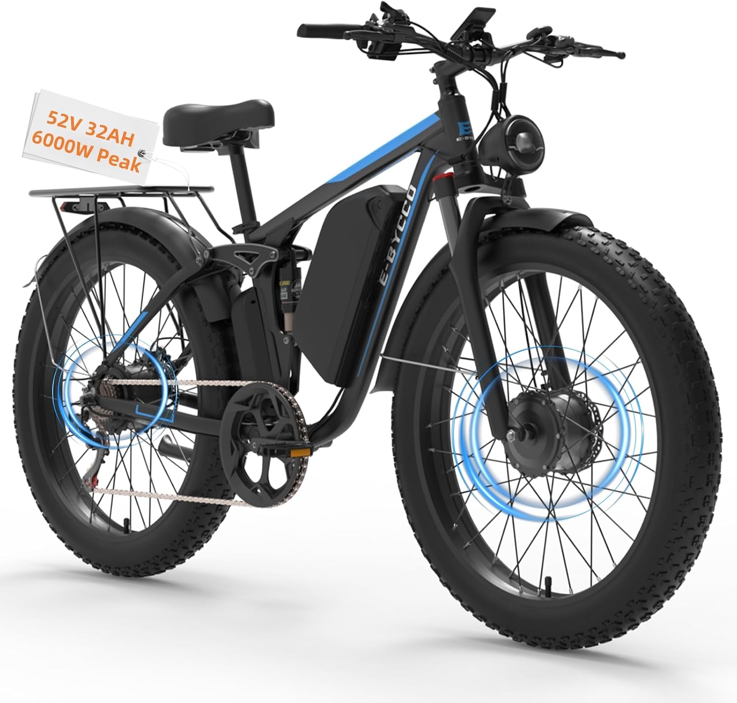 6000W Peak Electric Bike for Adults, 52V 32AH Dual Motor E-Bike, Up to 90Mile & 45 M P H All-Terrain Fat Tires Full Suspension 24/26 Inch Electric Bicycles Hydraulic Disc Brake for Road UL2849 by SGS