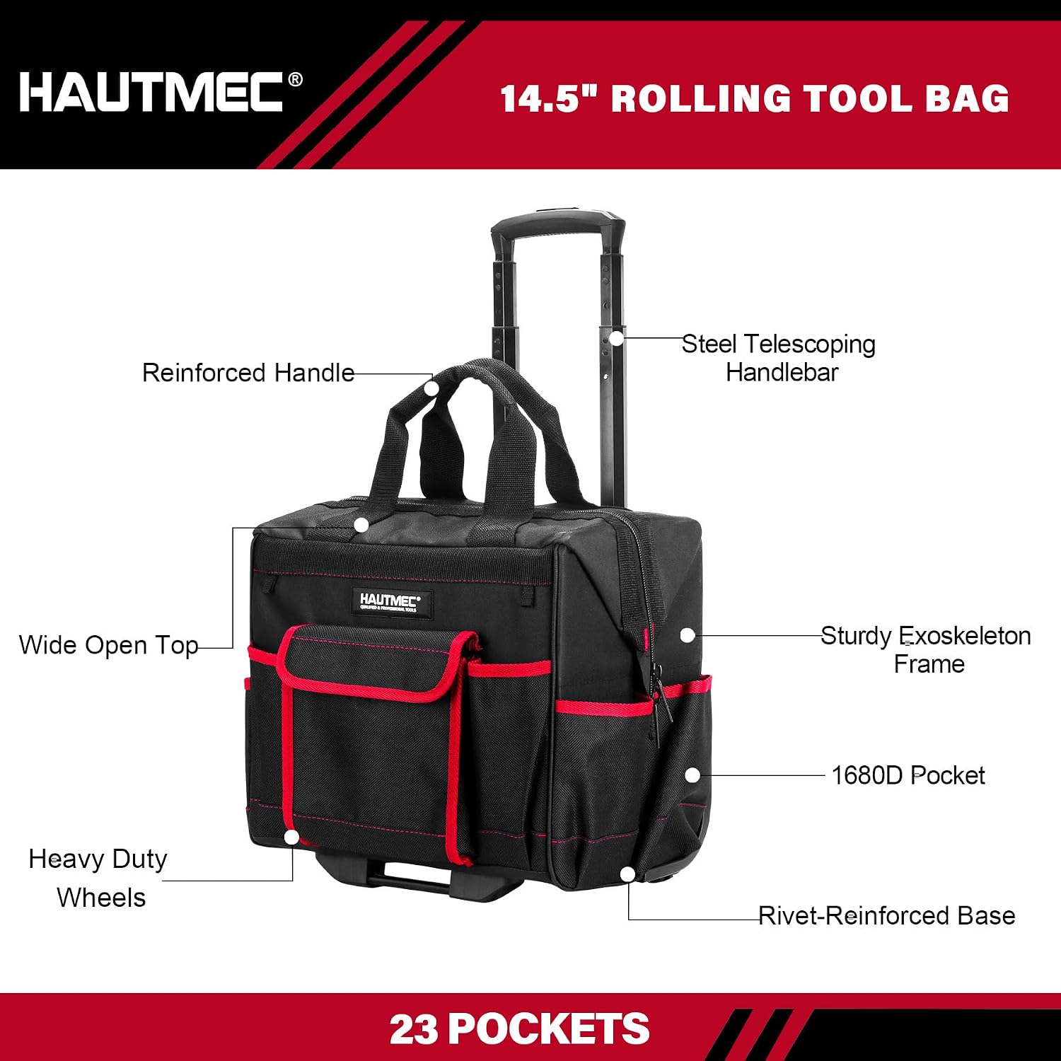 HAUTMEC 2-Piece Rolling Tool Bag Set, 15' Wheeled Tool Bag & Wide Mouth Tool Tote, Heavy-Duty Tool Storage Organizer with Durable Off-Road Wheel, Steel Telescoping Handle & Shoulder Strap – HT0288