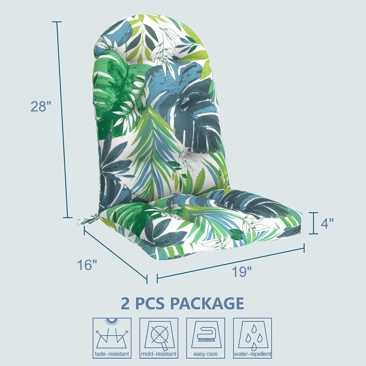 LVTXIII Outdoor Adirondack Chair Cushions, 44x19x4 Inch Non-Slip High Back Rocking Chair Cushion, Tufted Seat Cushion for Patio Furniture, Set of 2, Islamorada Blue Green