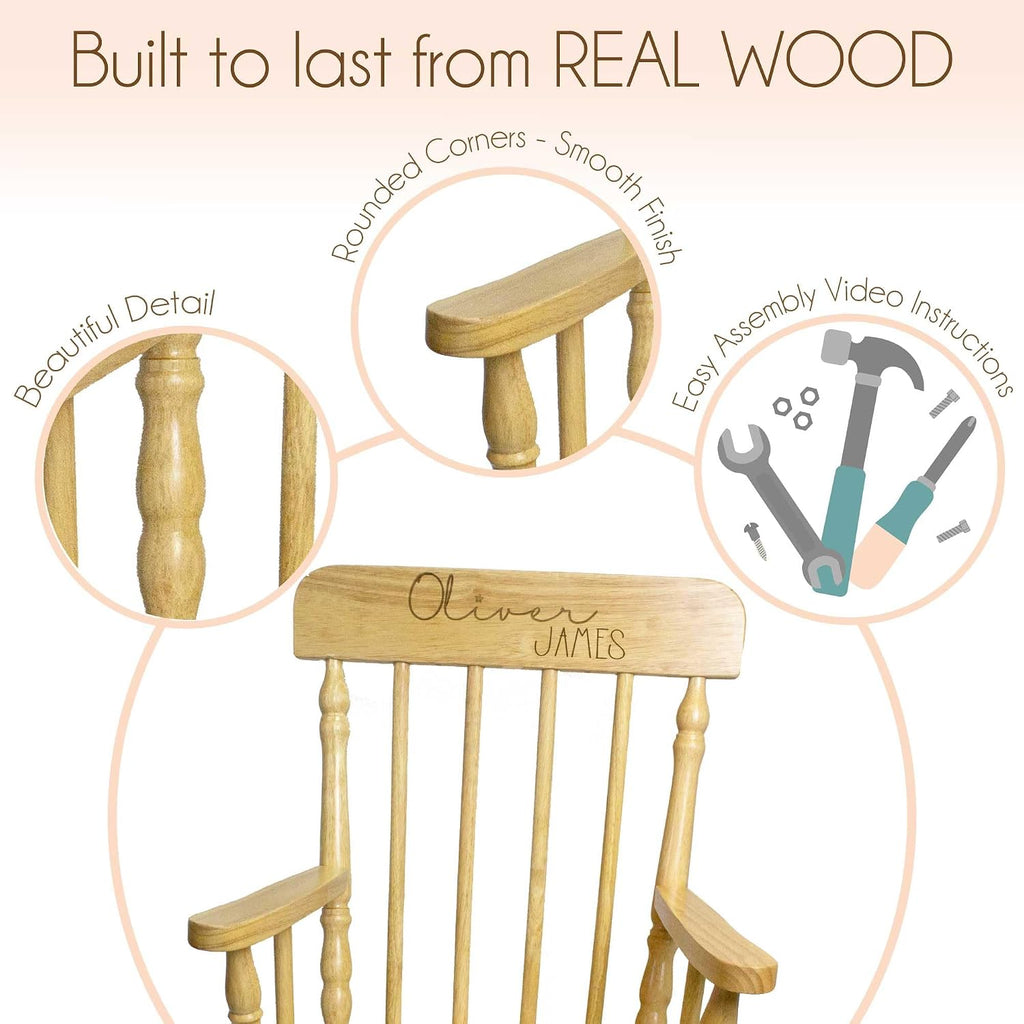 My Bambino Childrens Personalized Rocking Chair Natural Wood Engraved with Toddler Name Baby Gift
