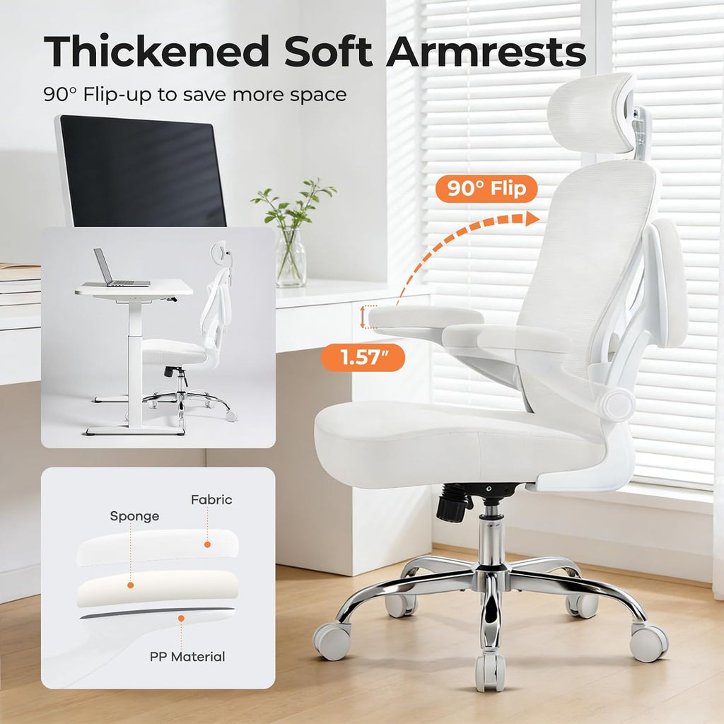 Office Chair Ergonomic Office Chair with Lumbar Support, Head Support, Rocking Function, FLIP-up Armrests, Mesh High Back Chair Home Office Desk Chair, Suitable for Home, Office, White