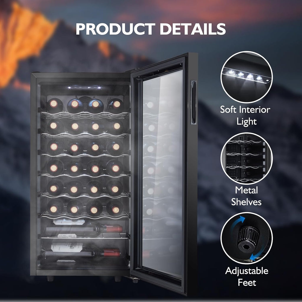 28 Bottle Compressor Wine Cooler Refrigerator, Small Freestanding Wine Fridge for Red, White and Champagne, Mini Fridge with 40-66F Digital Temperature Control Glass Door