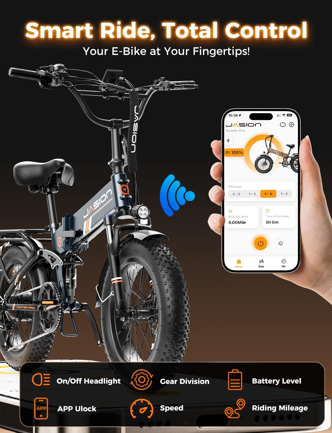 Jasion Hunter Pro Electric Bike for Adults,1800W Peak Motor 80 Miles,up to 28MPH,720WH Removable Battery Foldable Ebike,App Control & Full Suspension,20''*4.0 Fat Tire,Dual Hydraulic Brakes Bicycle