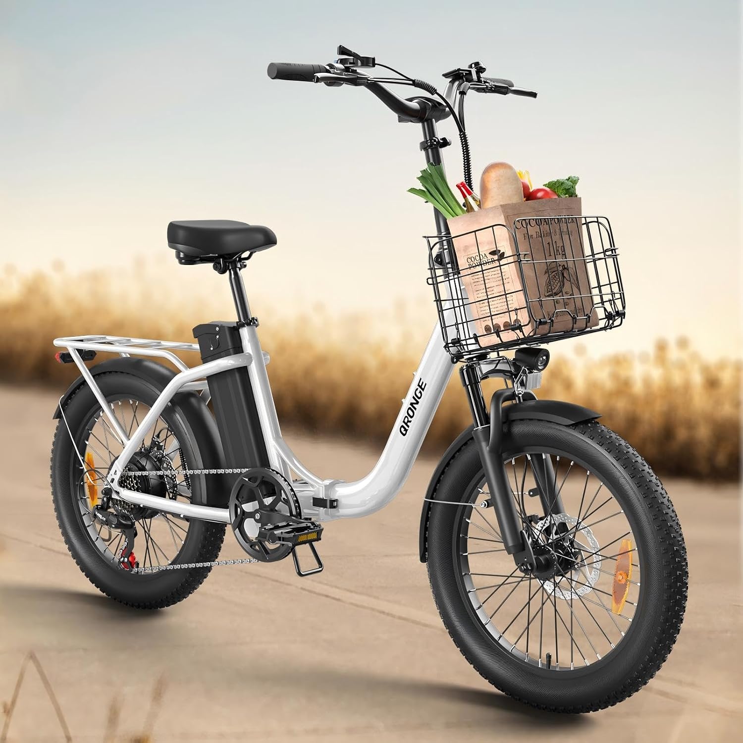 QRONGE Electric Bike, 1000W Peak Folding Electric Bike, 486Wh 70 Miles Range Ebike, Waterproof Removable Battery, 7 Speed, 25 MPH Max, 20' Step-Thru Bicycle with Front Basket
