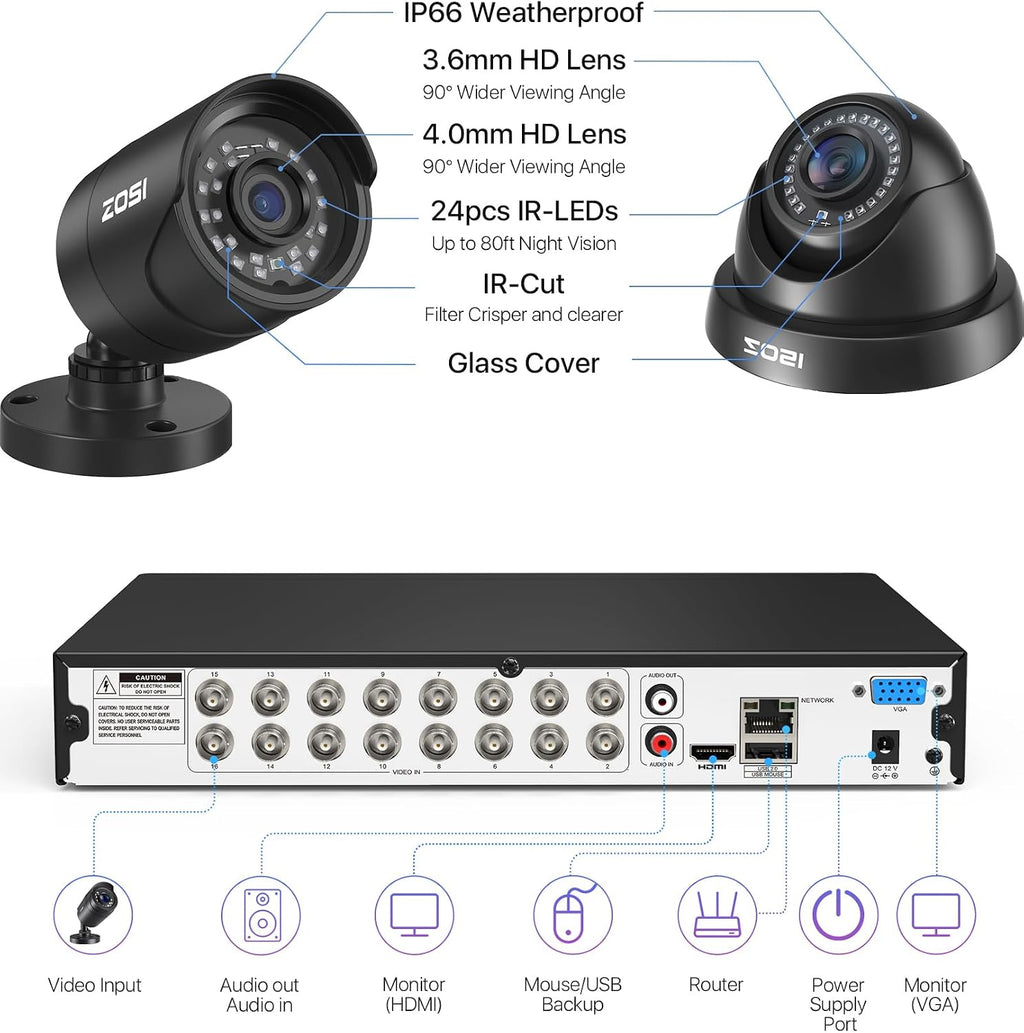 ZOSI 2MP 16CH Home Security Camera System Outdoor with AI Human Vehicle Detect, H.265+ 16CH DVR and 12 x 1080p Weatherproof Surveillance CCTV Bullet Dome Camera, 90° View Angle, Alert Push, 2TB HDD