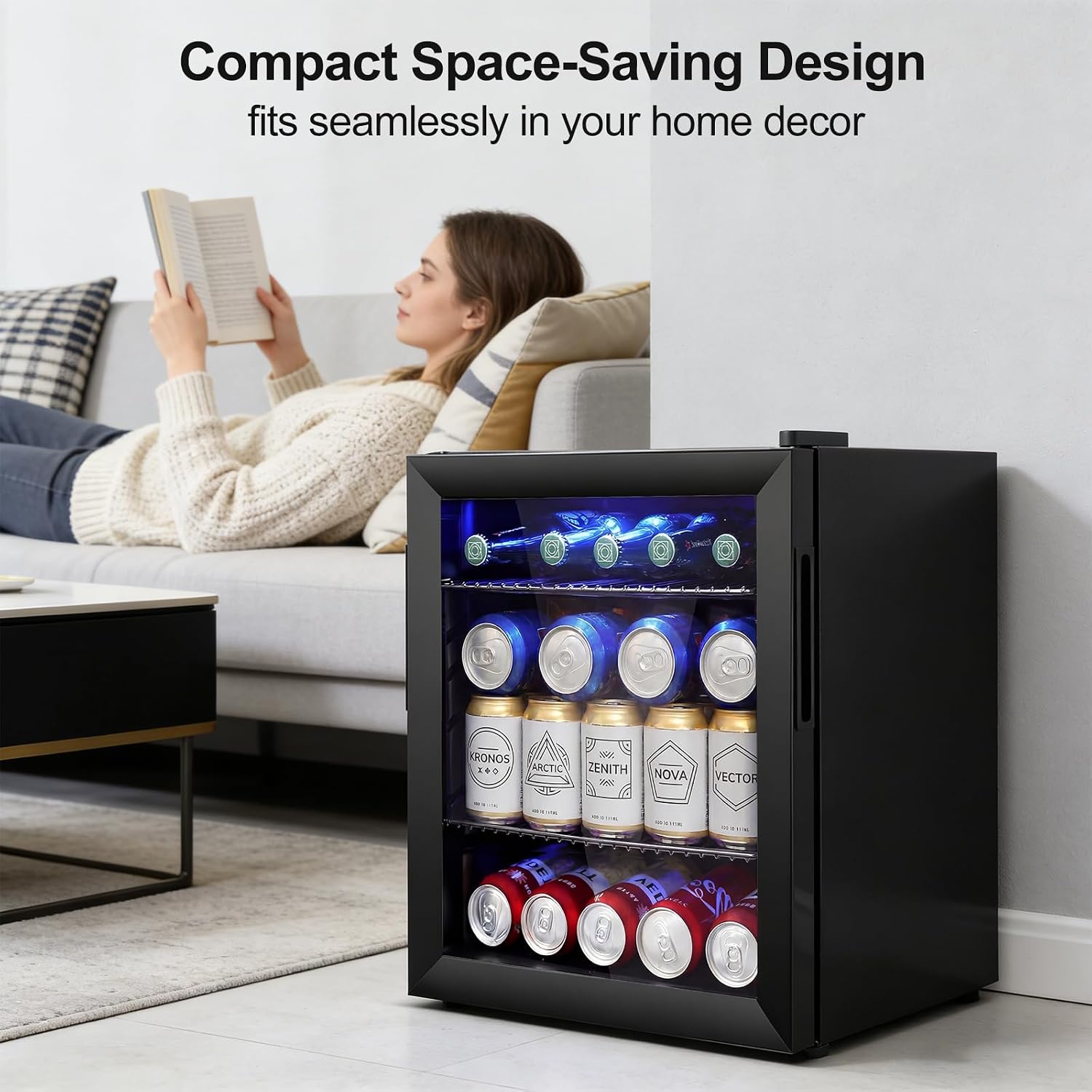 Mini Beverage Refrigerator - Small Beverage Fridge with Glass Door for Soda Beer Wine – Countertop Drink Cooler for Home, Dorm, Office or Bar, Electronic Temperature Control，1.4cu.ft.Black