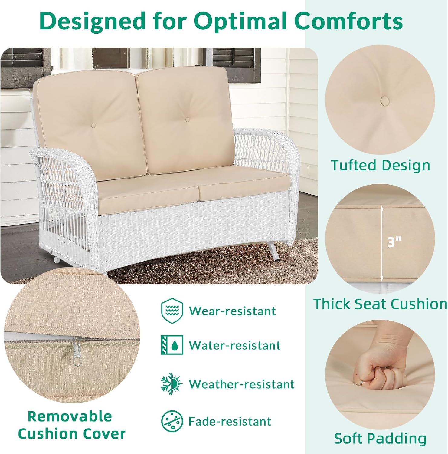 VIVIJASON 2-Piece Patio White Wicker Loveseat Glider Set Cushioned, Outdoor Conversation Furniture Sets W/ 2-Seater Glider Rocking Bench, Coffee Table and Cushions for Porch Garden Poolside, Beige