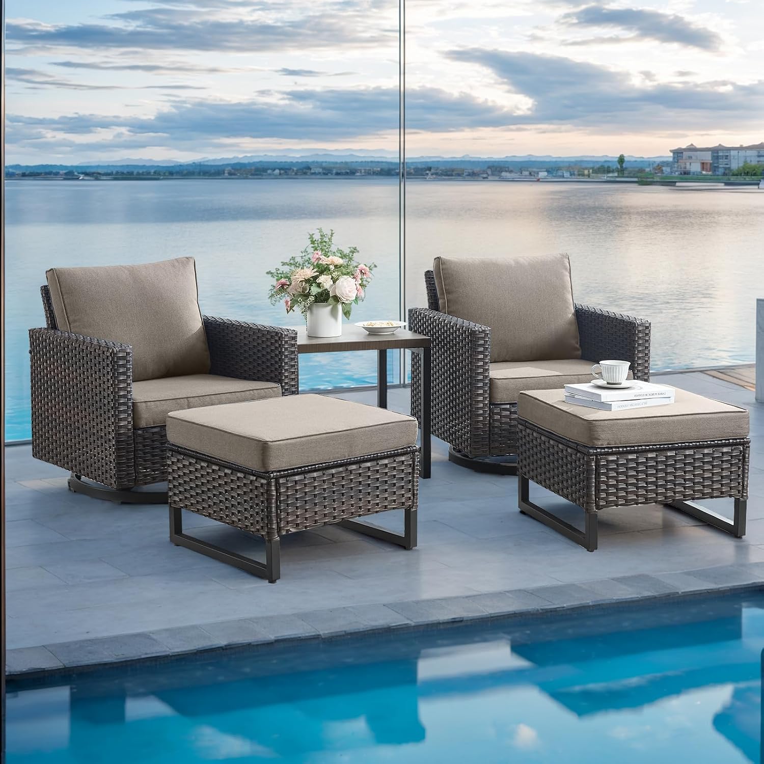 Luxury Wicker Outdoor Patio Furniture Set of 5 - 5 Piece Patio Conversation Set with 2 Swivel Rocker Chairs,2 Rattan Ottoman and 1 Metal Side Table for Outside Porch Deck Backyard Garden(Brown/Beige)