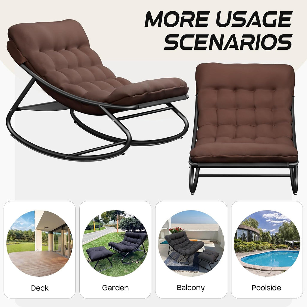 Outdoor Rocking Chair, Oversized Patio Papasan Rocking Chair with Cushion, Modern Comfy Lounge Rocker Chairs for Indoor Balcony Porch (Brown)