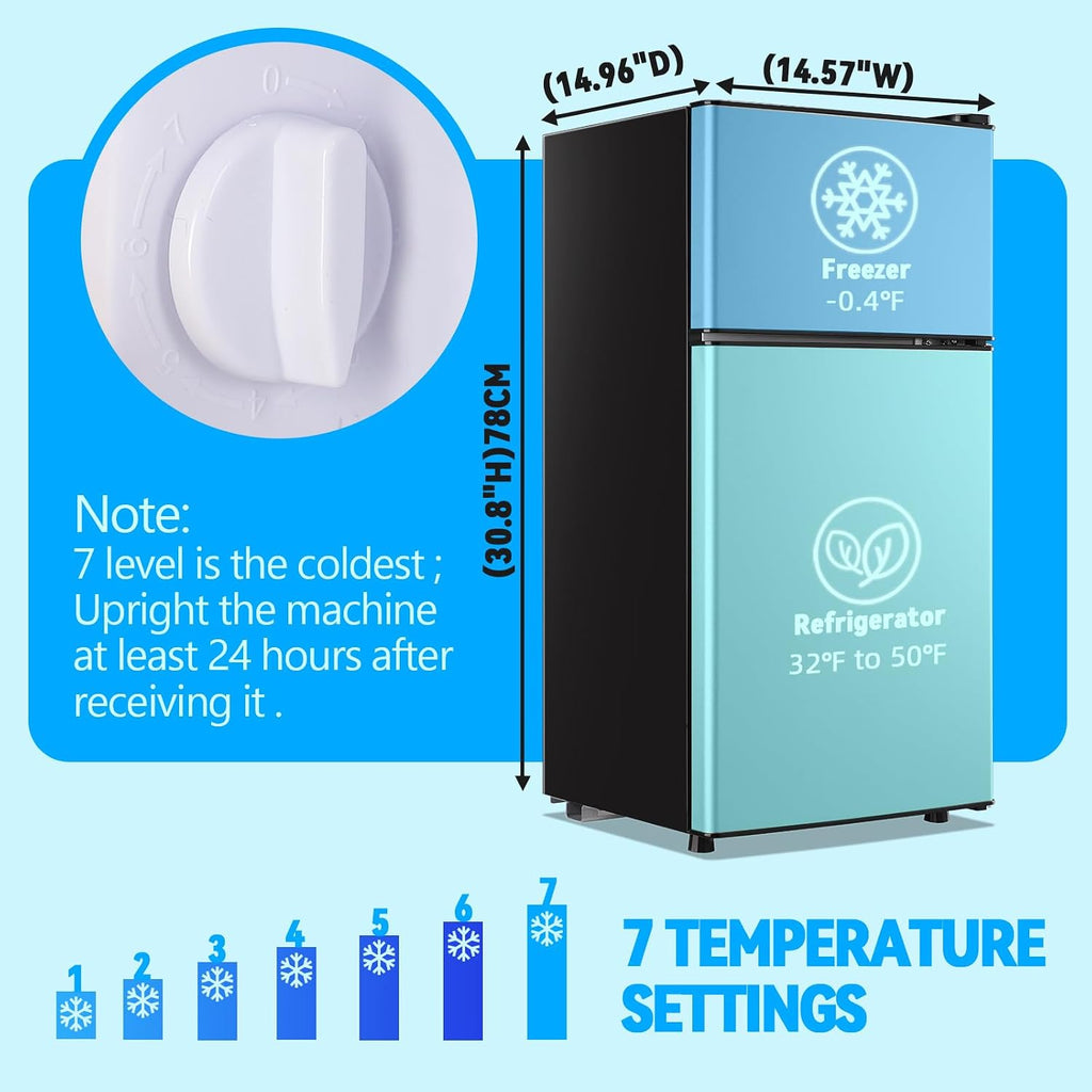 Mini Fridge with Freezer 2.4 Cu.ft Mini Refrigerator Double Doors Dorm Fridge Compact 7 Modes Temp Suit for Apartment Bedroom Office Silver