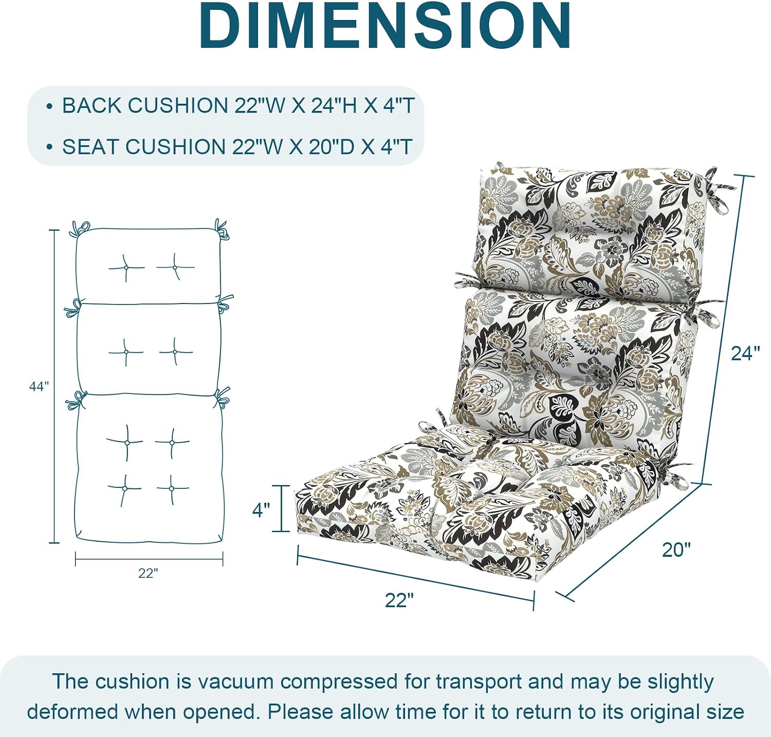 DYTXIII Outdoor High Back Chair Cushions Set of 2, Water Repellent Tufted Rocking Seat Cushions Replacement 44 x 22 Inch, Seat & Back Chair Pads for Patio, Balcony and Indoor Use -Dailey Tan