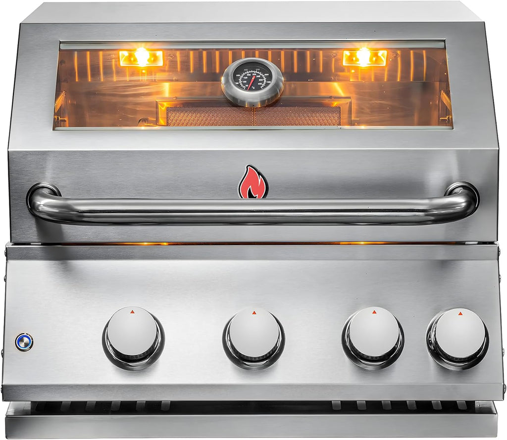 CHALEUR 23' VIEW 3 LINE GAS GRILL 3-BURNER + 1 REAR INFRARED - Built-In Stainless Steel Outdoor Kitchen Grill Head - Liquid Propane - Professional BBQ Insert with Glass Viewing Window