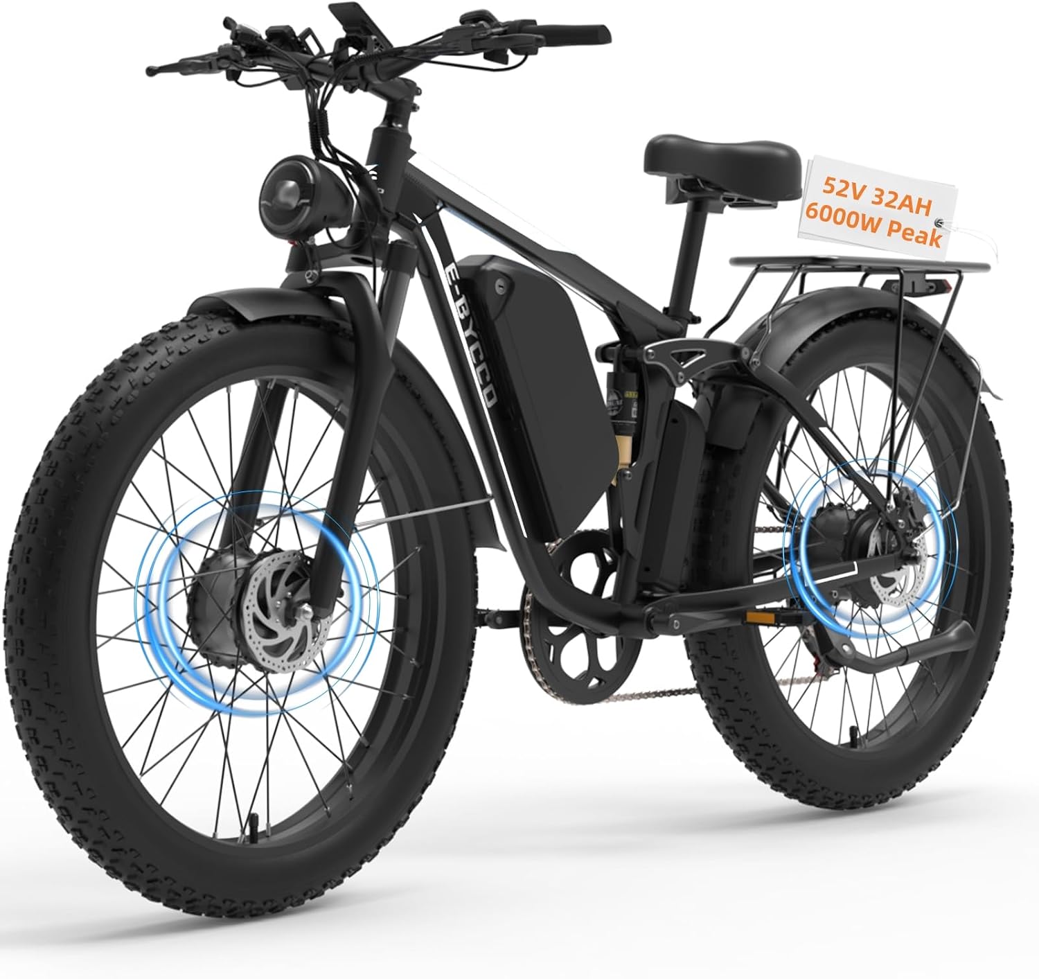 6000W Peak Electric Bike for Adults, 52V 32AH Dual Motor E-Bike, Up to 90Mile & 45 M P H All-Terrain Fat Tires Full Suspension 24/26 Inch Electric Bicycles Hydraulic Disc Brake for Road UL2849 by SGS
