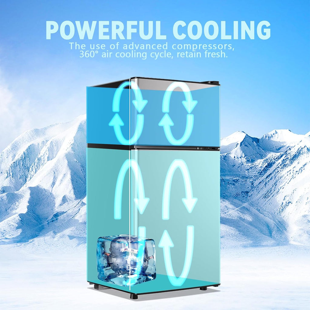 Mini Fridge with Freezer 2.4 Cu.ft Mini Refrigerator Double Doors Dorm Fridge Compact 7 Modes Temp Suit for Apartment Bedroom Office Silver