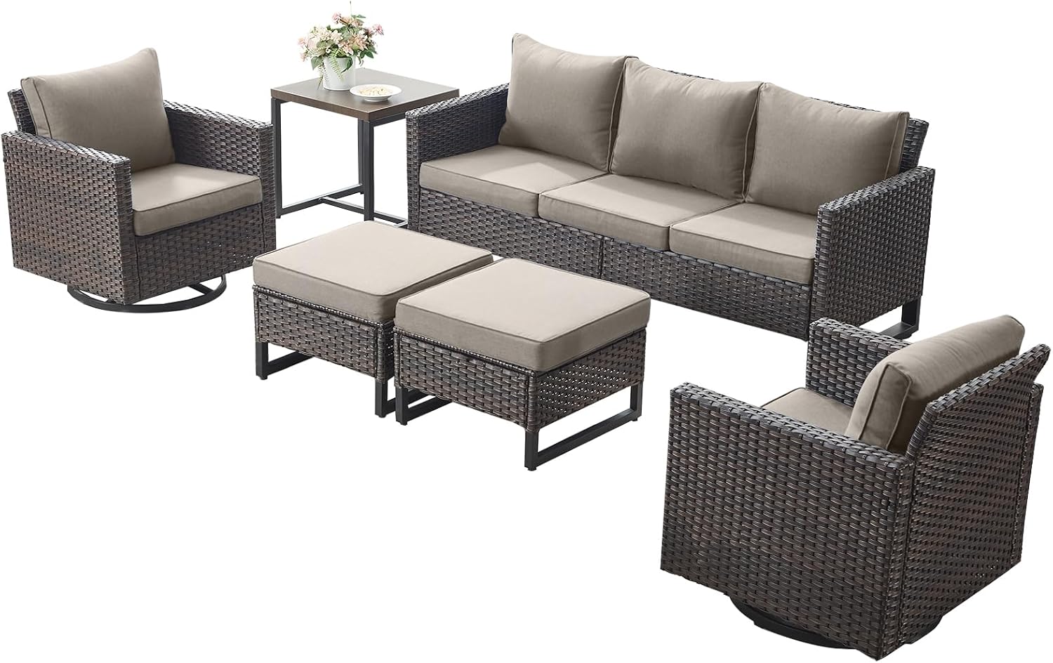 Luxury Wicker Outdoor Patio Furniture Set - 6 Piece Patio Conversation Set with 2 Swivel Rocker Chairs,2 Rattan Ottoman,1 Couch and 1 Metal Side Table for Outside Porch Deck Backyard(Brown/Grey)