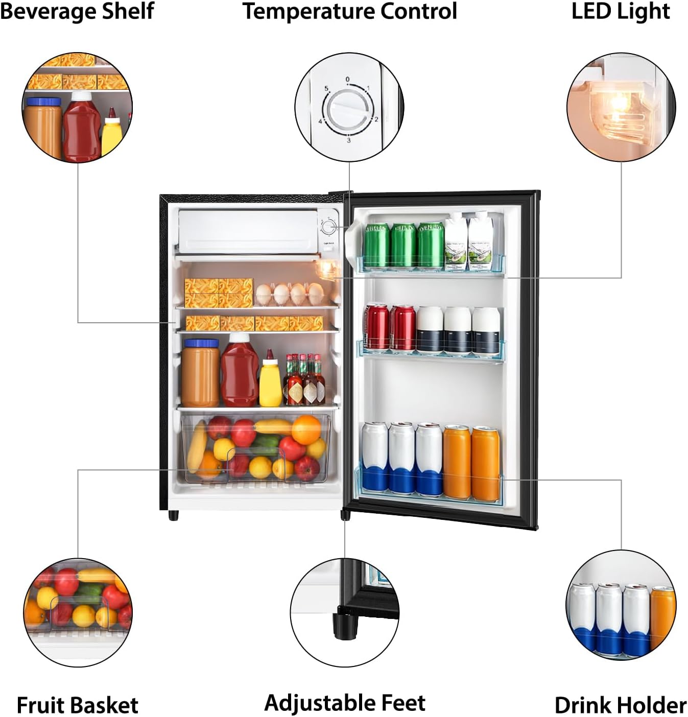 HAILANG 4.4 Cu.Ft Mini Fridge with Freezer, Single Door Mini Refrigerator, 5 Settings Temperature Adjustable, Compact Refrigerator for Apartment,Dorm, Office, Bedroom
