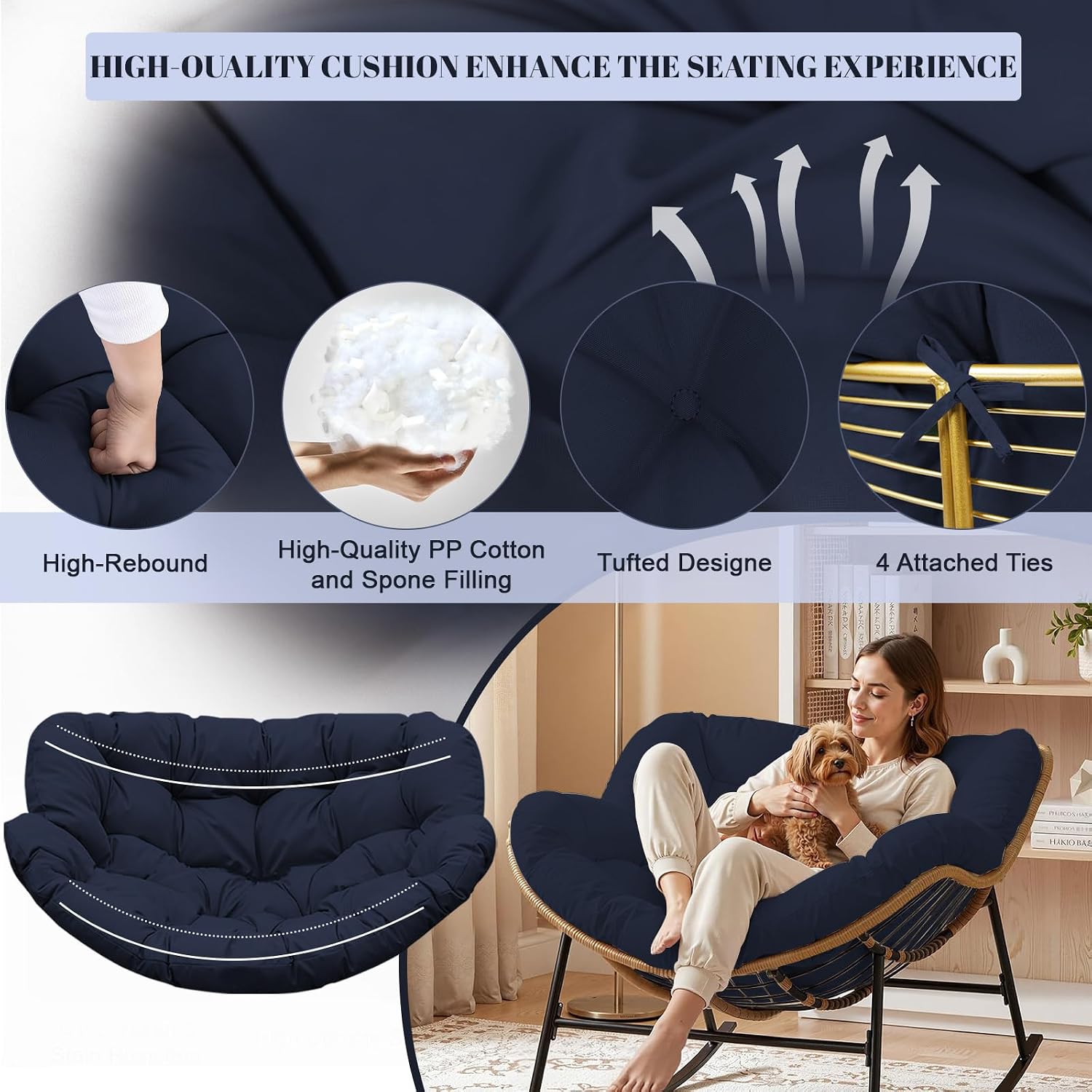 Thickened Waterproof Papasan Rocking Chair Cushion, 6.3'' Patio Egg Chair Pad with Ties, Outdoor/Indoor Rattan Hammock Cushions for Porch, Garden, Balcony(Only Cushion no Chair) (Navy Blue)
