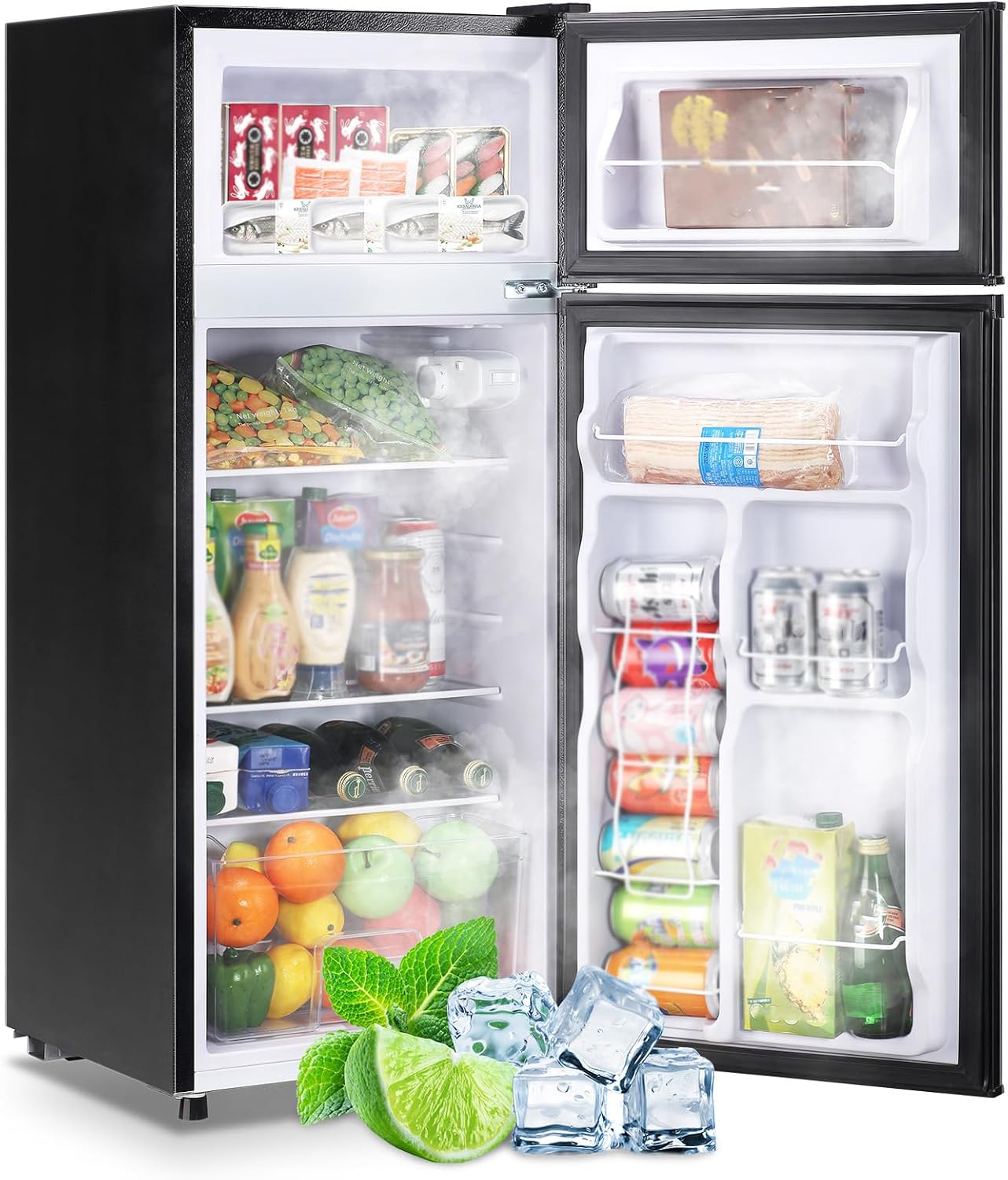 DEMULLER 4.5 CU.FT Capacity Compact Refrigerator with Freezer Double Door Mini Fridge Small Apartment Refrigerator with 7 Adjustable Temp Control & 3 Glass Shelves for Kitchen Office Dorm Black