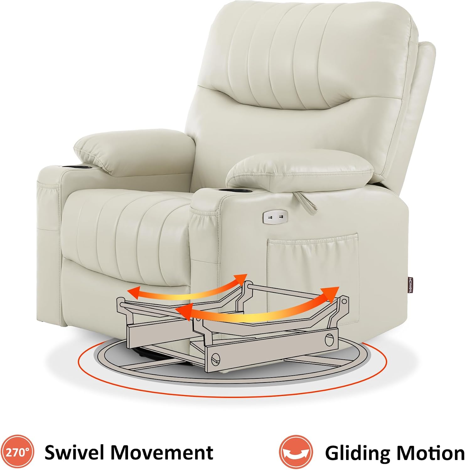 MCombo Oversized Swivel Glider Rocker Power Recliner Chair for Living Room with Heat and Vibration Massage, USB Ports, Cup Holders and Pockets, Faux Leather 7785 (Milk White)