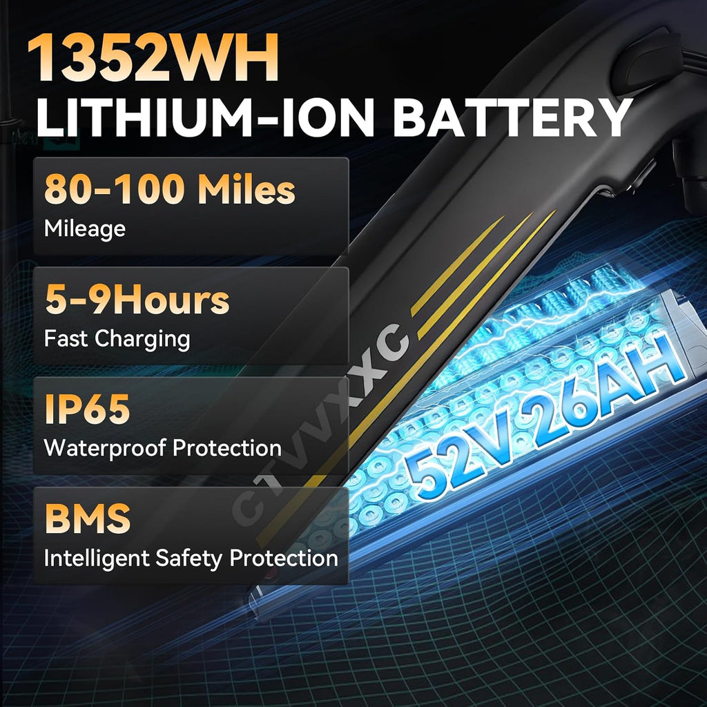 8000W Peak 45-50MPH 52V 26Ah 1352Wh Battery Dual Motor Bike for Adults, 95-105 Miles Long Range with Hydraulic Disc Brake,26'x4.0' Fat Tire Electric Mountain E Bike 7-Speed Gear Lockable Suspension