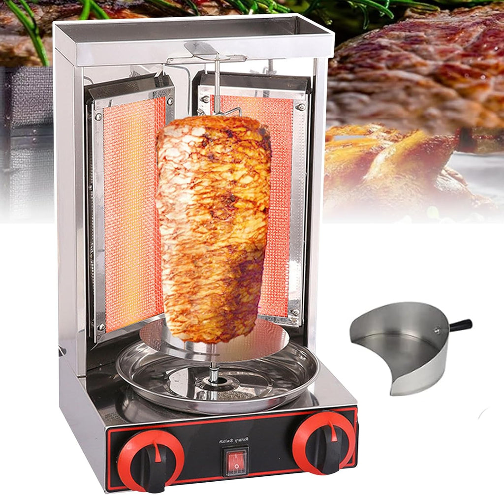 Vertical Commercial Shawarma Lpg/Gas Barbecue Grill, 360° Automatic Rotation, Double-Sided Barbecue Plate + Independent Oil Tray, Adjustable Height, Capacity 6kg/H, 60W