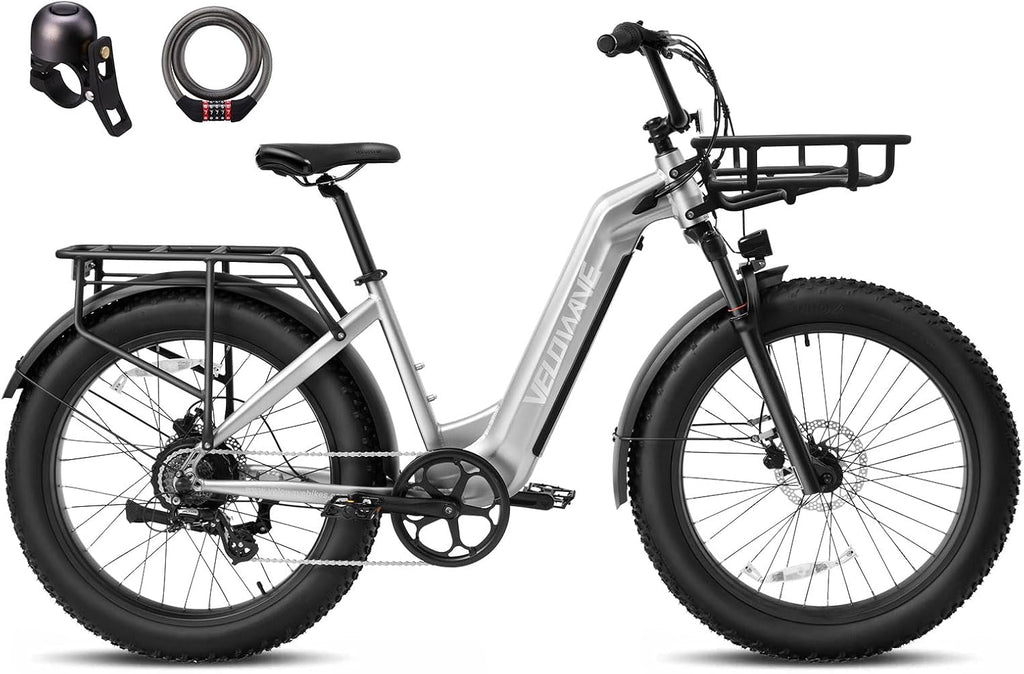 VELOWAVE Electric Bike 26' Fat Tire Ebike Peak 1200W Motor Electric Bike for Adults with 47.97V 14.4AH Removable LG Cell Battery Step-Thru E Bike up to 32MPH UL 2849 Certified with Lock& Bell
