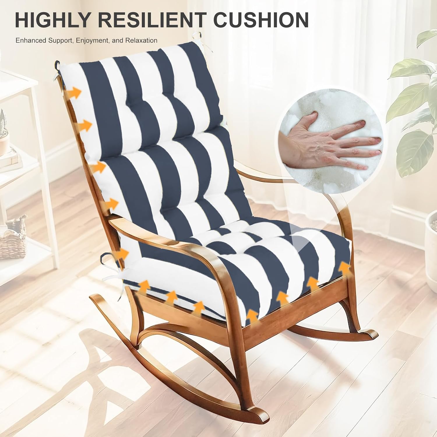 Outdoor High Back Chair Cushions 2-Pack, 44'x22'x 4' Fade-Resistant Waterproof Tufted Pads with Ties for Patio Rocking & Adirondack Chairs (Navy Blue White)