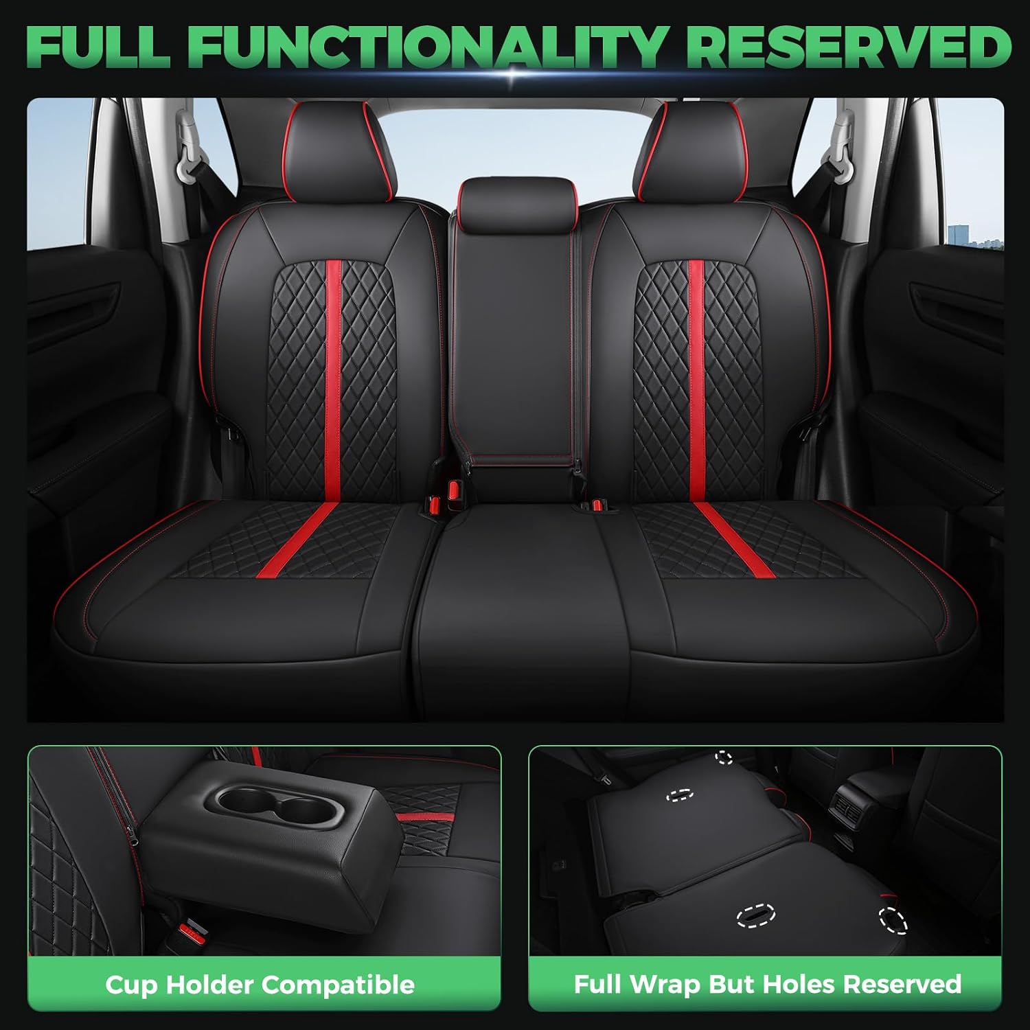 for Honda HRV Seat Covers 2016-2018 EX EX-L & 2016-2022 LX, Custom Fit Car Seat Cover Full Set, Luxury Leather HR-V Seat Protectors, Waterproof SUV Cushions Accessories, Black with Red Trim