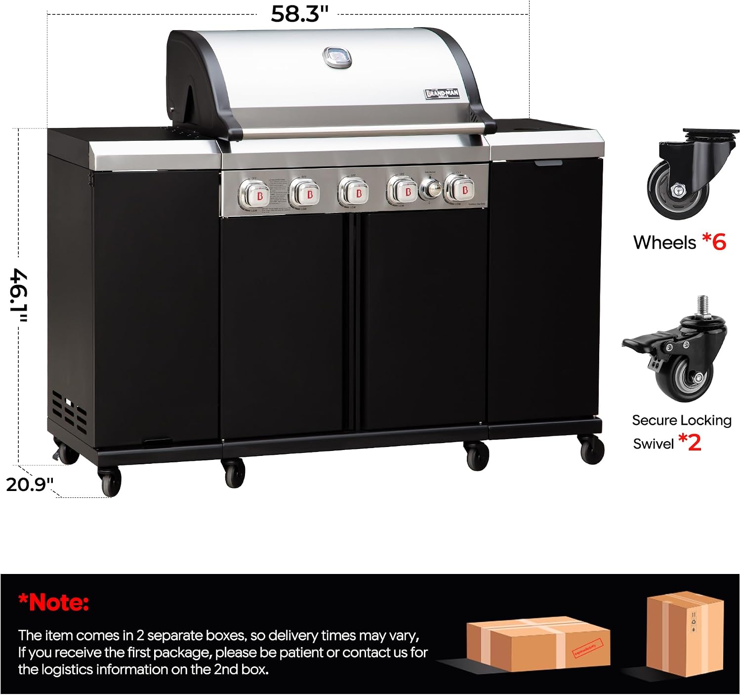 Brand-Man Propane Gas Grill Island Outdoor Kitchen & Storage Cabinets, 52000 BTUs Stainless Steel Burner Patio Cooking BBQ Grill with Side Burner - Natural Gas Convertible, Black (5 Burner)