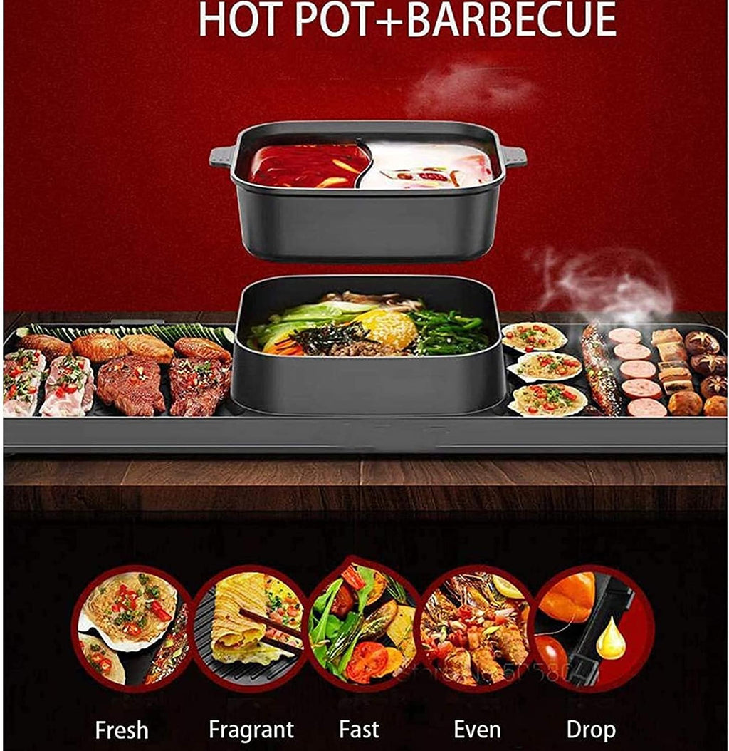 Fondue Electric Grill Hot Pot, 2700W 3 in 1 Electric Smokeless BBQ Grill Shabu Hot Pot with Divider Separate Independent Dual Temperature Control, Non-Stick Pan for 3