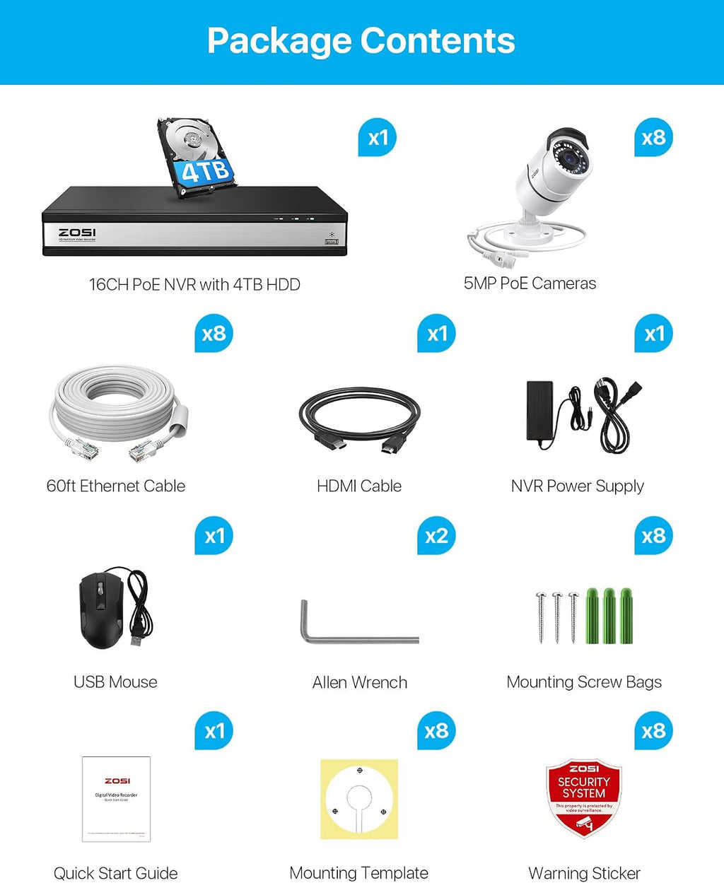 ZOSI 16CH 4K PoE Security Cameras System,4K 8MP 16 Channel H.265 NVR with 4TB Hard Drive and 8pcs 5MP Indoor Outdoor PoE IP Cameras,120ft Night Vision,Remote Access for Home Business 24/7 Recording