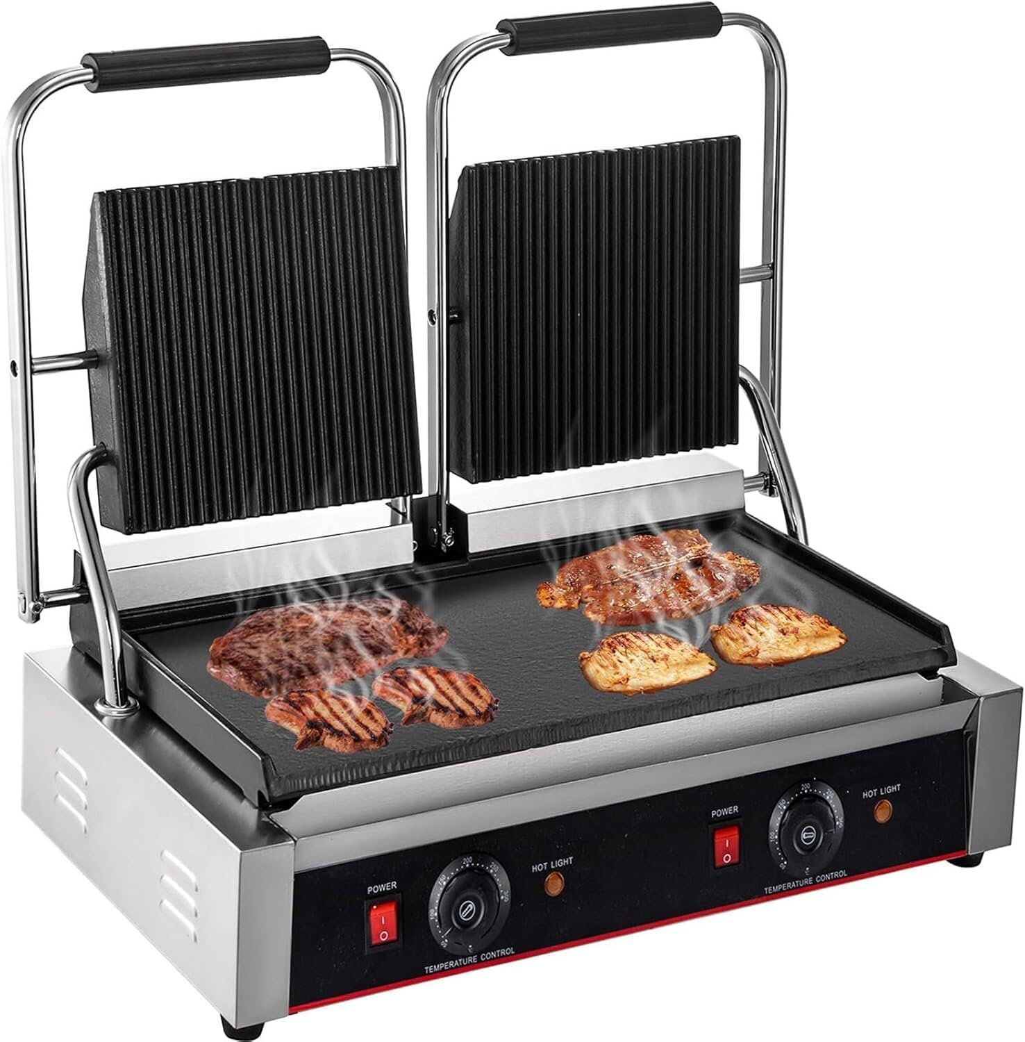 Commercial Electric Griddle Stainless Steel Grill BBQ, Countertop Hotplate Flat Top Kitchen Grill, Business Catering BBQ Steak Bacon Fryer Pans with Dual Thermostatic Control
