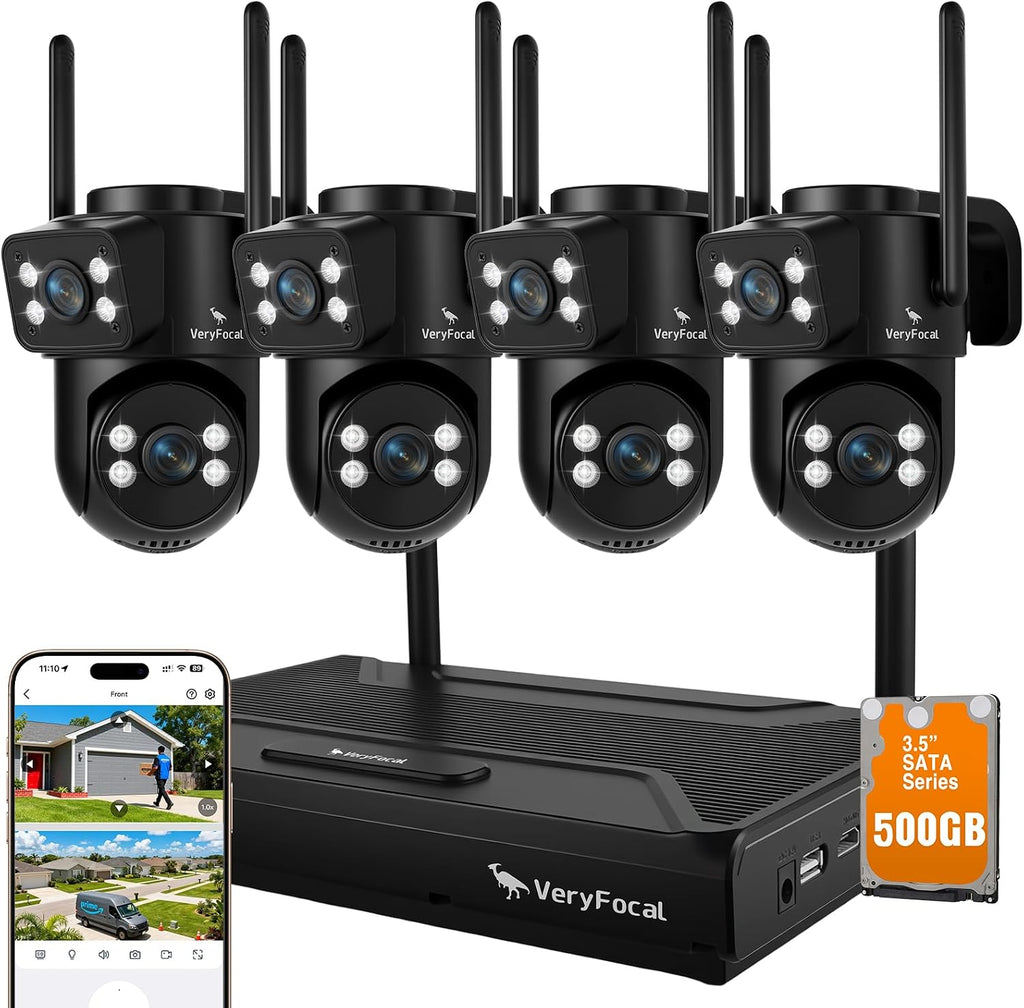 Dual Lens Wireless Security System, 4PCS 2-in-1 Cameras, 4K 10CH NVR, 500GB HDD, 24/7 Recording, WiFi 6 Mesh Long Range, No Subscription, AI Tracking, IP66 Waterproof for Home Office Outdoor
