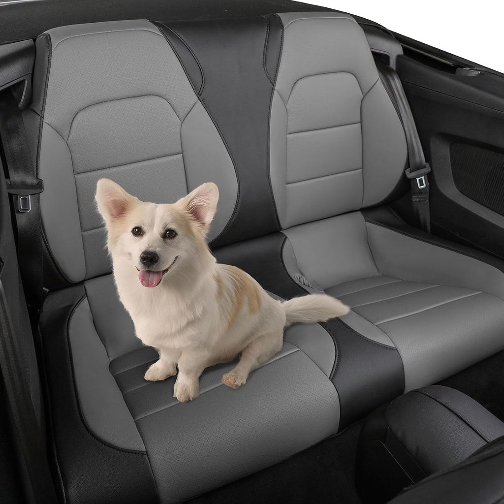 coverdream Mustang Leather Car Seat Covers Custom Fit for 2015-2025 2026 Ford Mustang Convertible,Rear Row One-Piece Backrest,Fully Covered Waterproof Seat Protector (Full Set,Black/Gray)