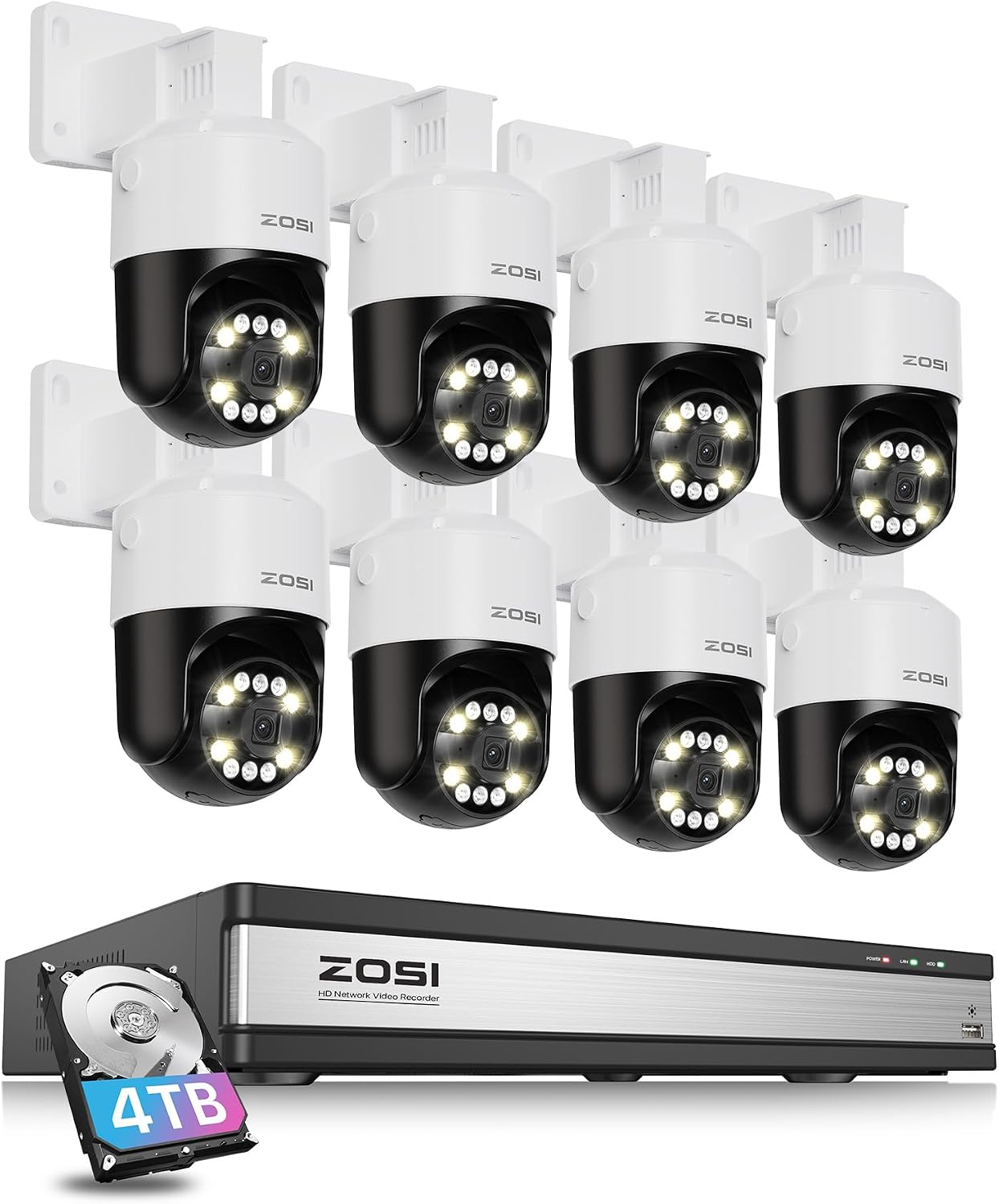 ZOSI 16 Channel 4K PoE Security Camera System with AI Face Person Vehicle Detection, 8 x 5MP 3K Outdoor Auto Tracking PT PoE IP Camera with Floodlights and 5X Digital Zoom, 4TB HDD for 24/7 Recording