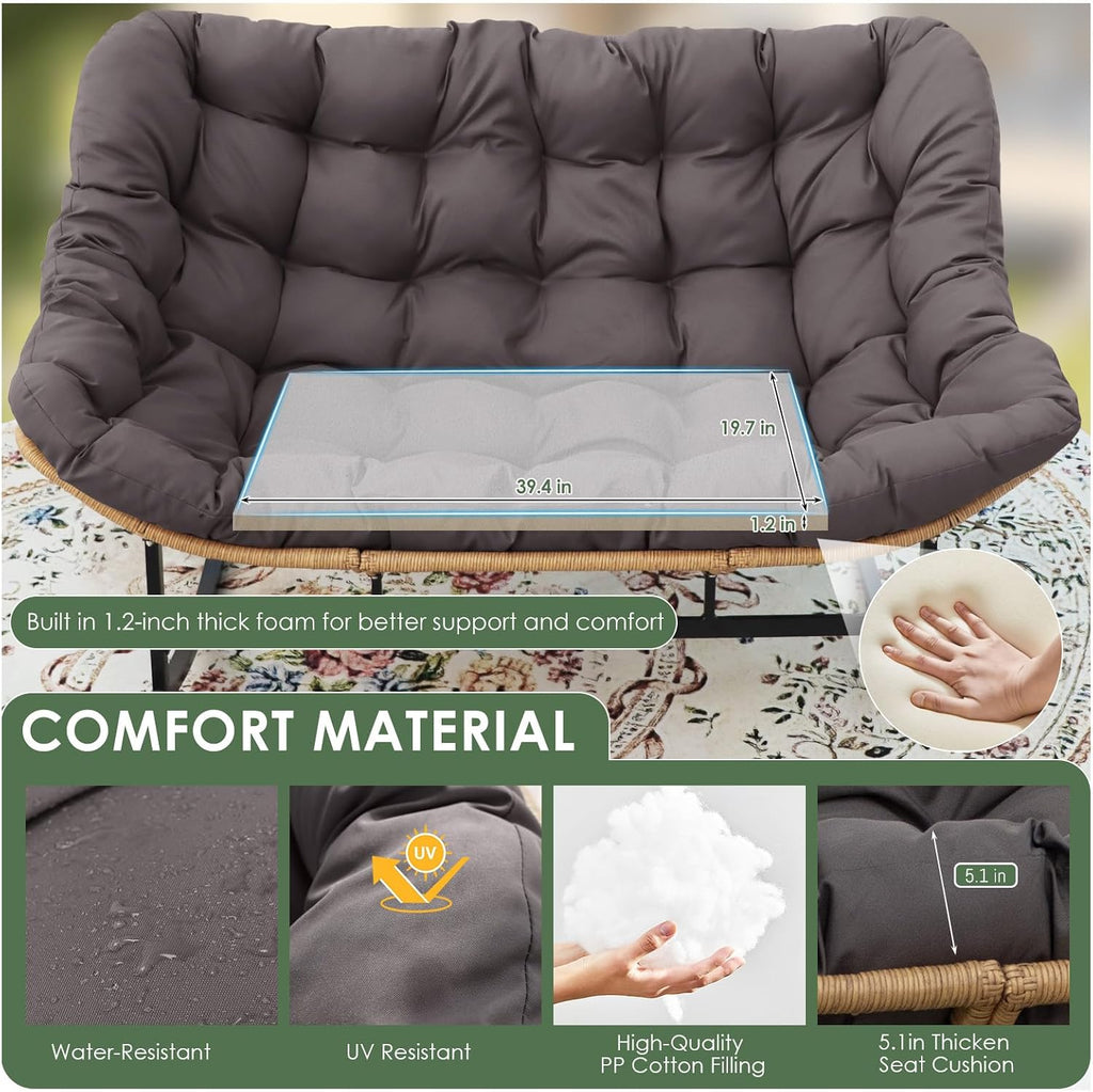 RADIATA Double Rocking Chair Outdoor, Oversized 2 Person Lounge Chair with Thick Cushion, All-Weather PE Rattan Frame, Heavy Duty Large Reclining Loveseat for Patio, Backyard, Bedroom