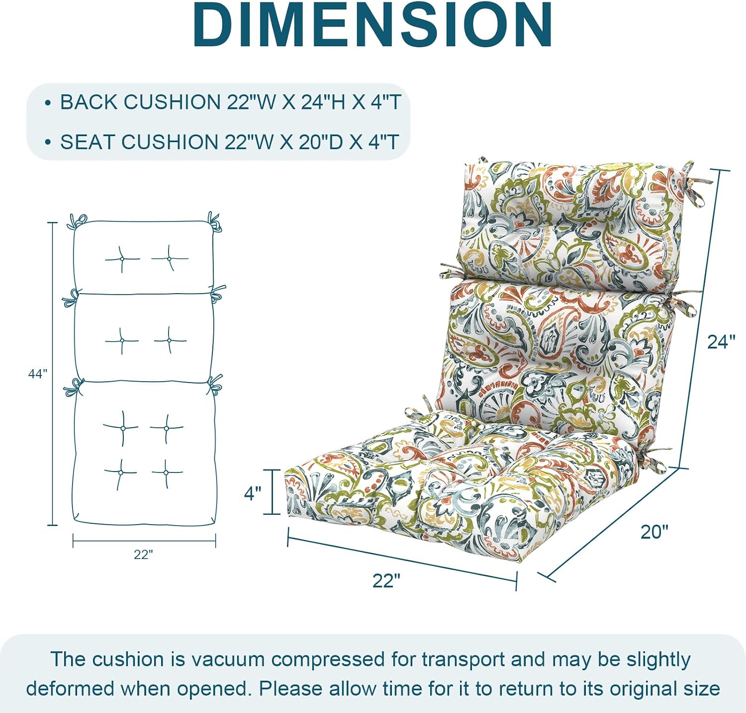 DYTXIII Outdoor High Back Chair Cushions Set of 2, Water Repellent Tufted Rocking Seat Cushions Replacement 44 x 22 Inch, Seat & Back Chair Pads for Patio, Balcony and Indoor Use -Paisley Botanical