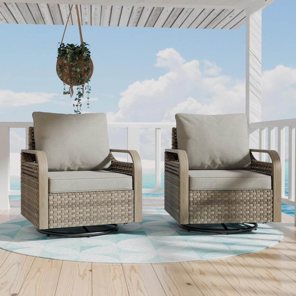COOS BAY Modern Outdoor Swivel Rocker Chairs, Wicker Glider Rocking Chairs with Cushions, 360° Swivel Rattan Patio Seating, 2 Pieces, Brown/Gray