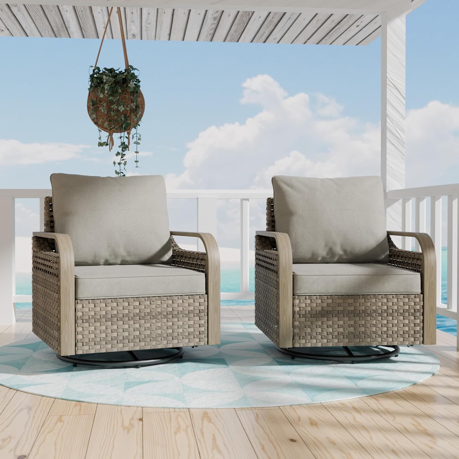 COOS BAY Modern Outdoor Swivel Rocker Chairs, Wicker Glider Rocking Chairs with Cushions, 360° Swivel Rattan Patio Seating, 2 Pieces, Brown/Gray