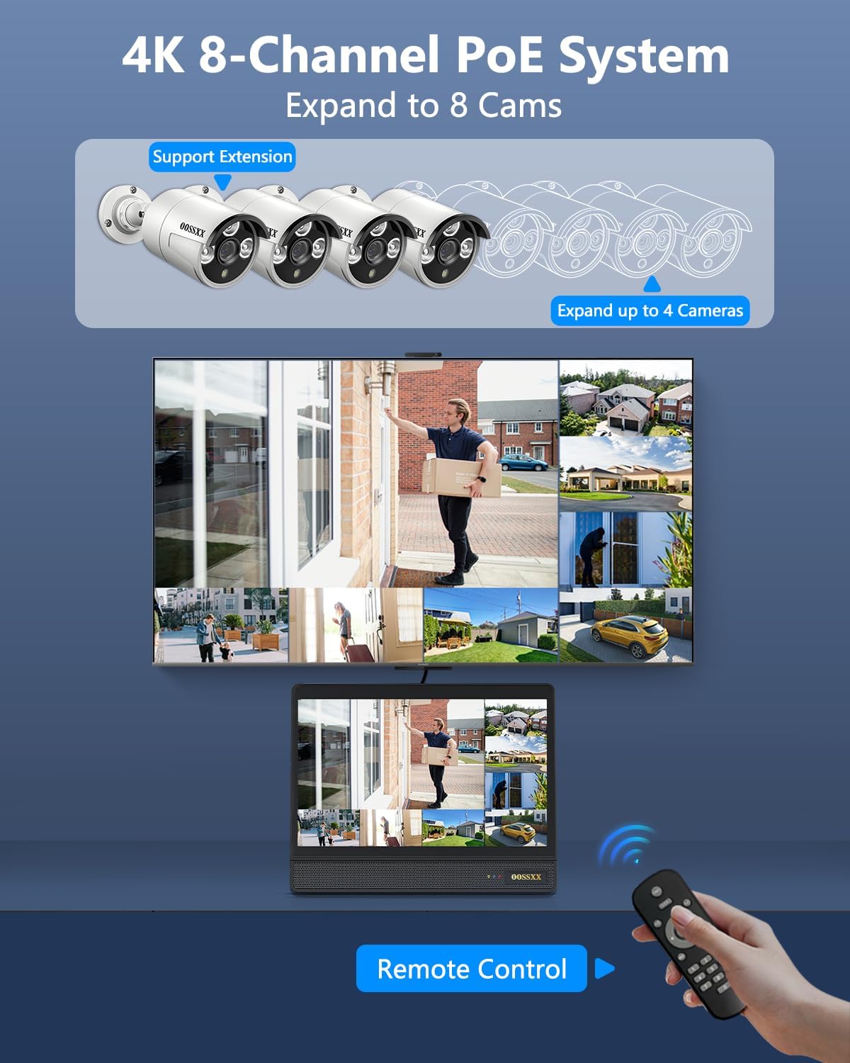 OOSSXX Outdoor Wired Security Camera System PoE Outdoor Surveillance Video Cameras Systems with Monitor