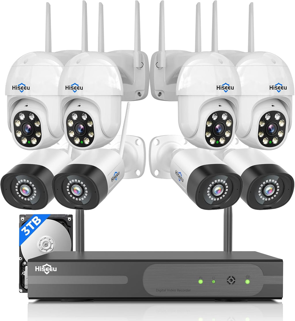Hiseeu 5MP Wireless Security Camera System, 8PCS PTZ & Bullet Cameras with 3TB HDD, WiFi Pro & Plug-in Connection, IP66 Waterproof, Smart Motion Alerts, Long-Range Signal, 24/7 Surveillance NVR Kit