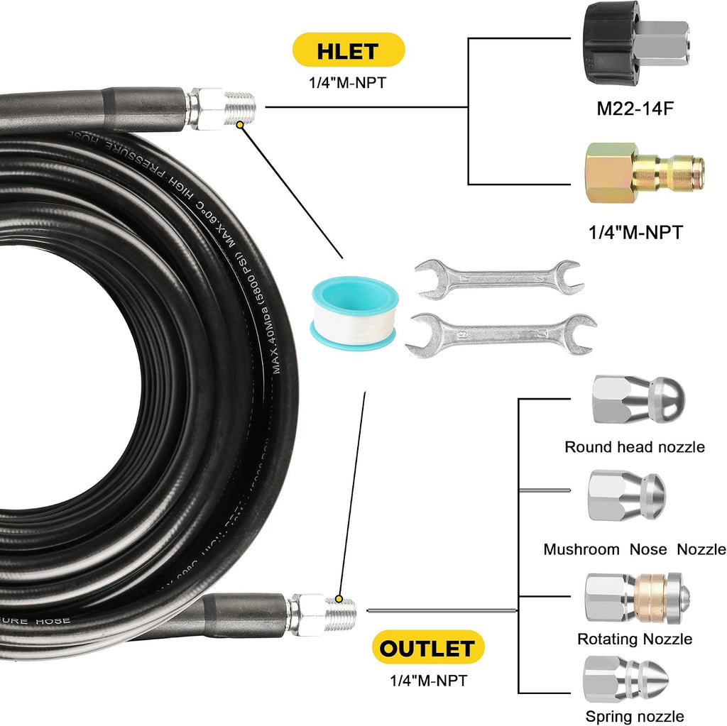 Pressure Washer Drain Jetter – Sewer Jetter Kit for Pressure Washer 200ft 1/4 Inch NPT Hose Nozzles and Adapter 5800PSI Clears Clogs in Pipes & Sewer Lines
