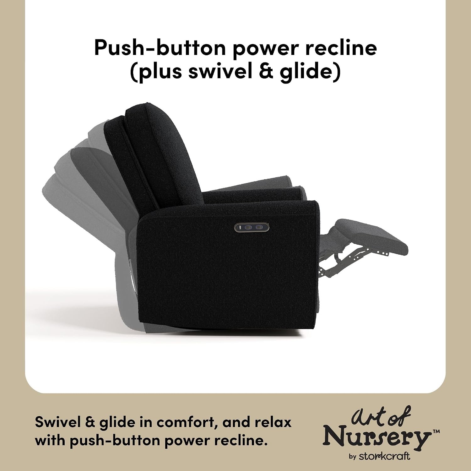 Storkcraft Amalfi Deluxe Power Recliner Swivel Glider – Premium Electronic Nursery Rocking Chair, Oeko-TEX 100 Certified, Includes Dual-USB Charging Port with USB-A & USB-C (Black Boucle)